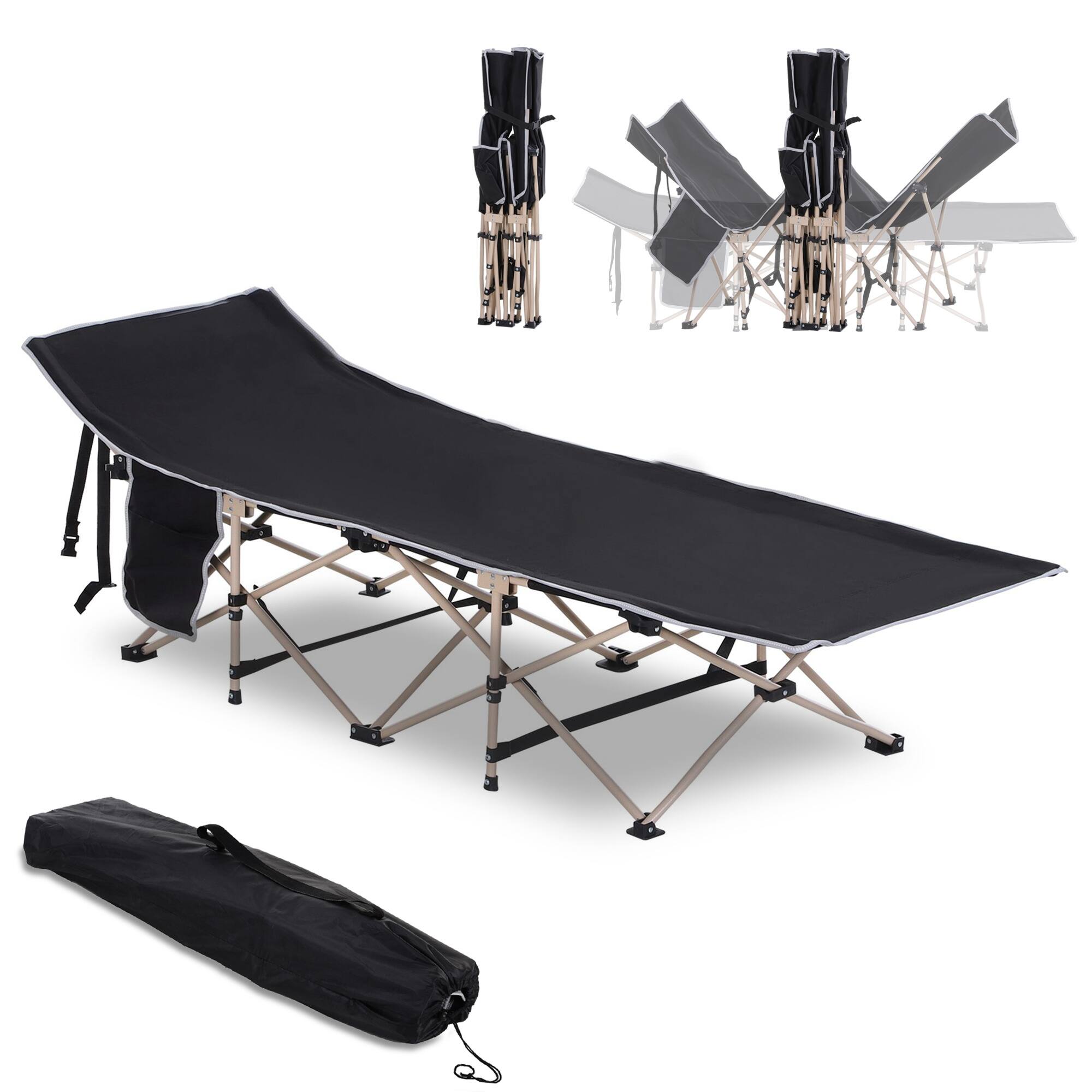 Outsunny - Folding Camping Cot for Adults with Carry Bag, Side Pocket, Outdoor Portable Sleeping Bed for Travel, Camp, Vacation - Black