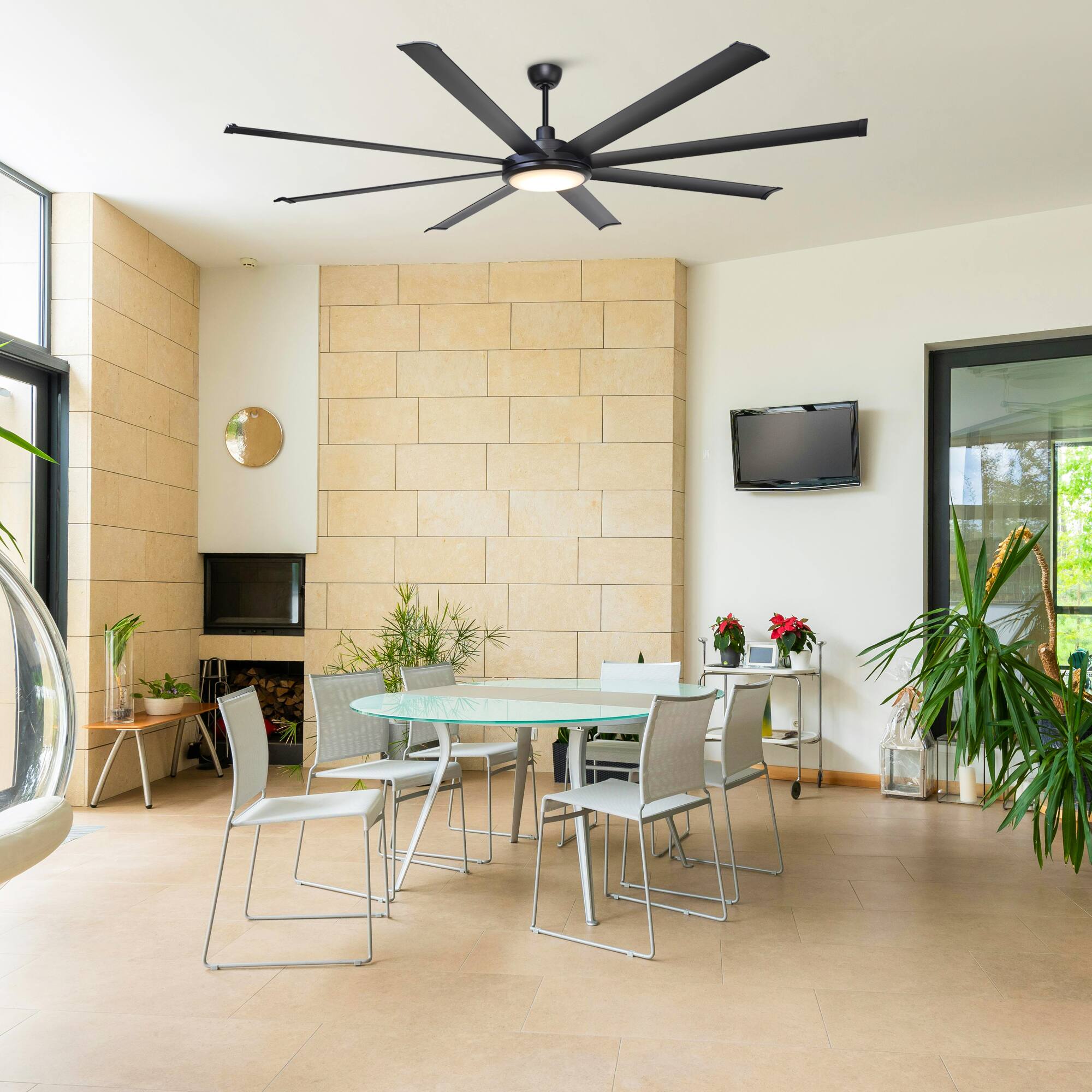 Angle. Parrot Uncle - 75-inch Black Industrial Extra Large Commercial HVLS LED Ceiling Fan with 8 Aluminum Blades and Remote Control - Black.