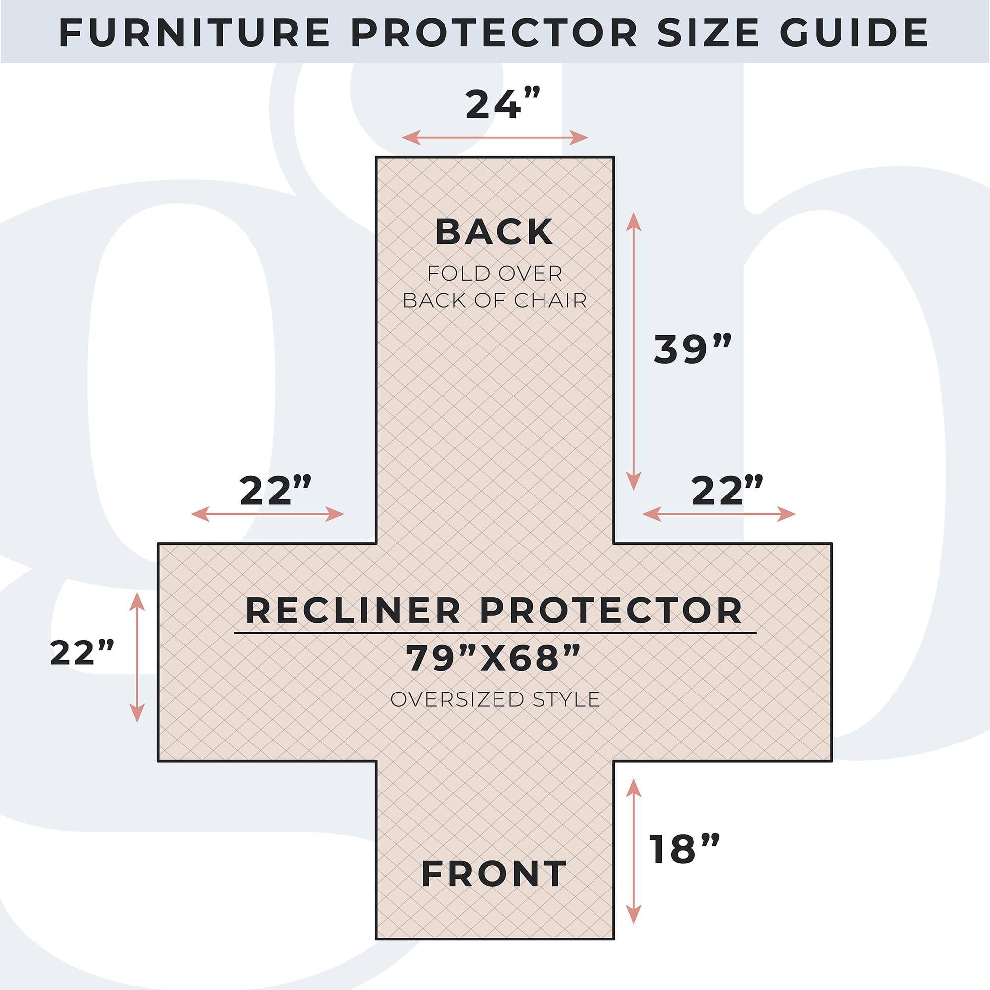 FURNITURE PROTECTOR SIZE GUIDE

- BACK
  - FOLD OVER BACK OF CHAIR
  - 24" (width)
  - 39" (height)
  - 22" (side width)

- RECLINER PROTECTOR
  - 79" x 68"
  - OVERSIZED STYLE
  - FRONT
    - 18" (height)
  - 22" (side width)