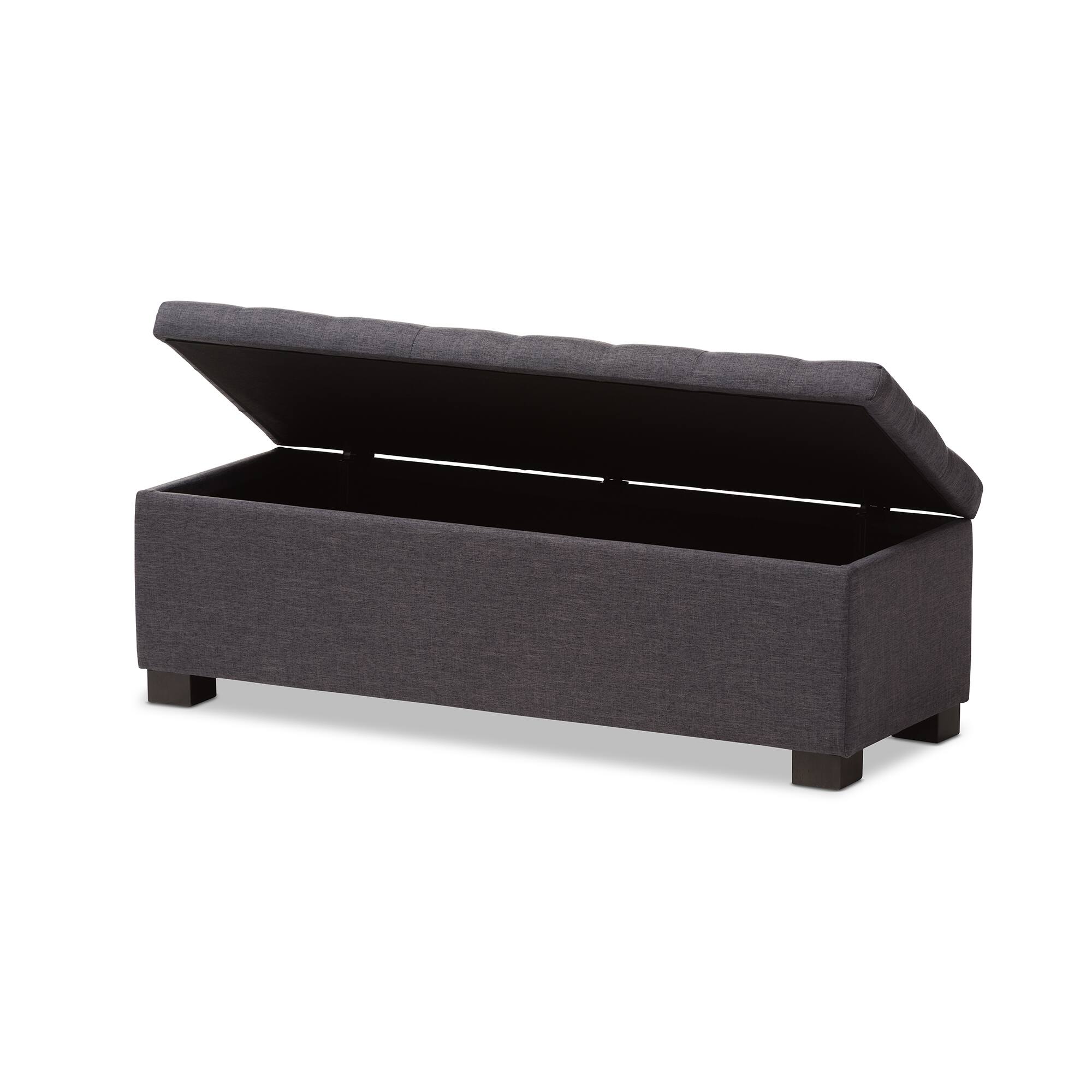 Angle. Baxton Studio - Roanoke Modern and Contemporary Fabric Upholstered Grid-Tufting Storage Ottoman Bench - Dark Grey.