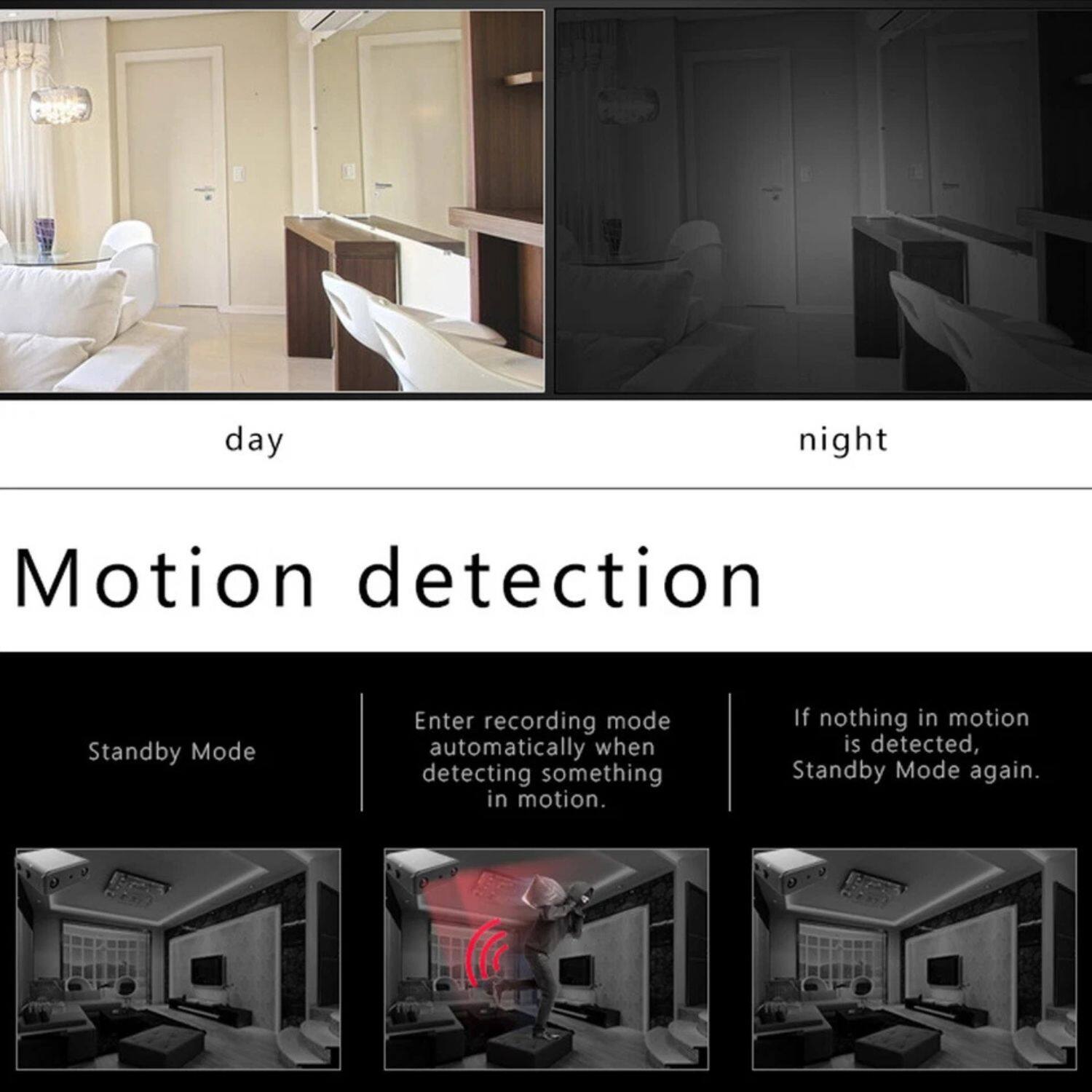 day night  
Motion detection  

Standby Mode  
Enter recording mode automatically when detecting something in motion.  
If nothing in motion is detected, Standby Mode again.