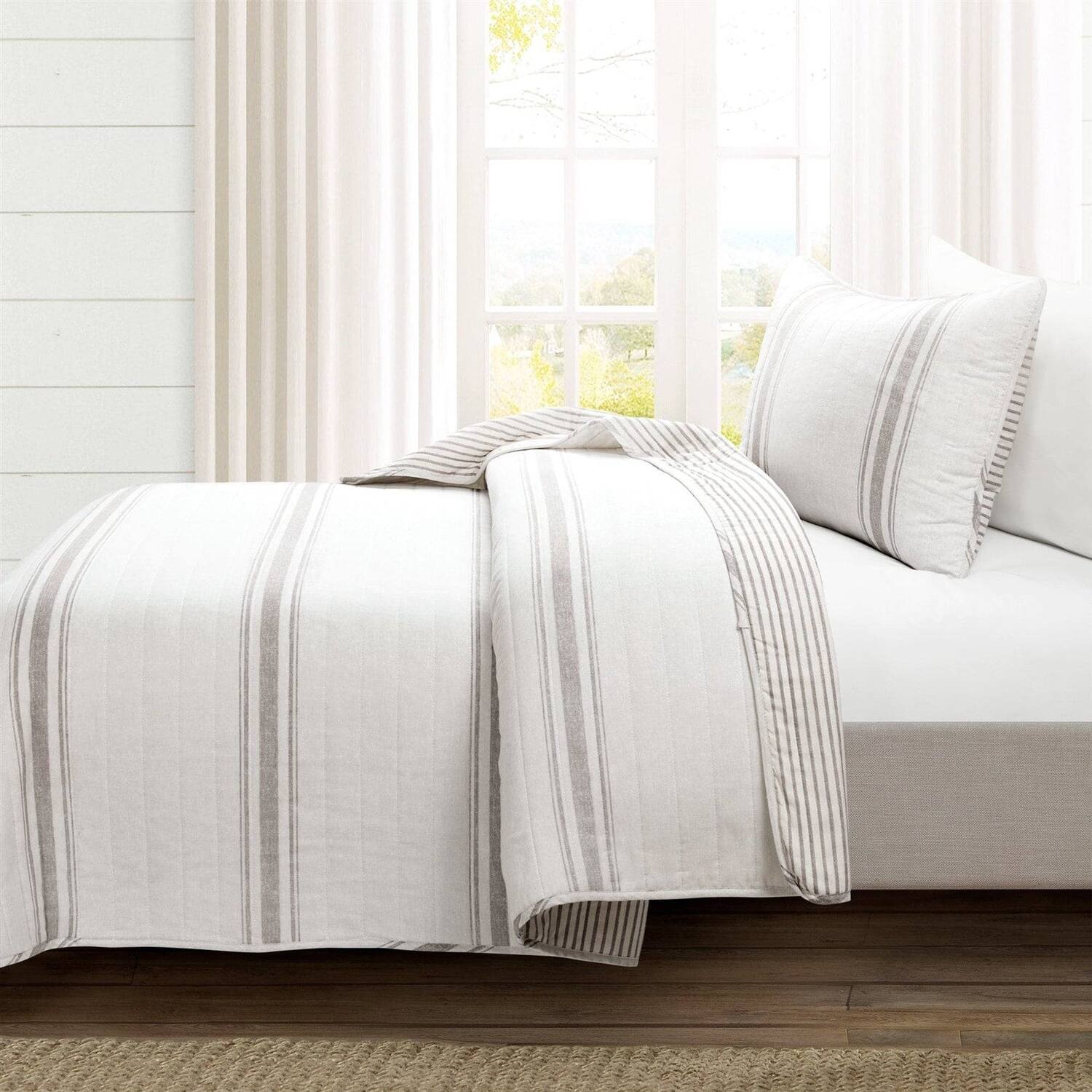 Angle. Hivvago - Twin/Twin XL Grey Off-White 2 Piece Stripe Reversible Cotton Quilt Set - Grey, Off-White.