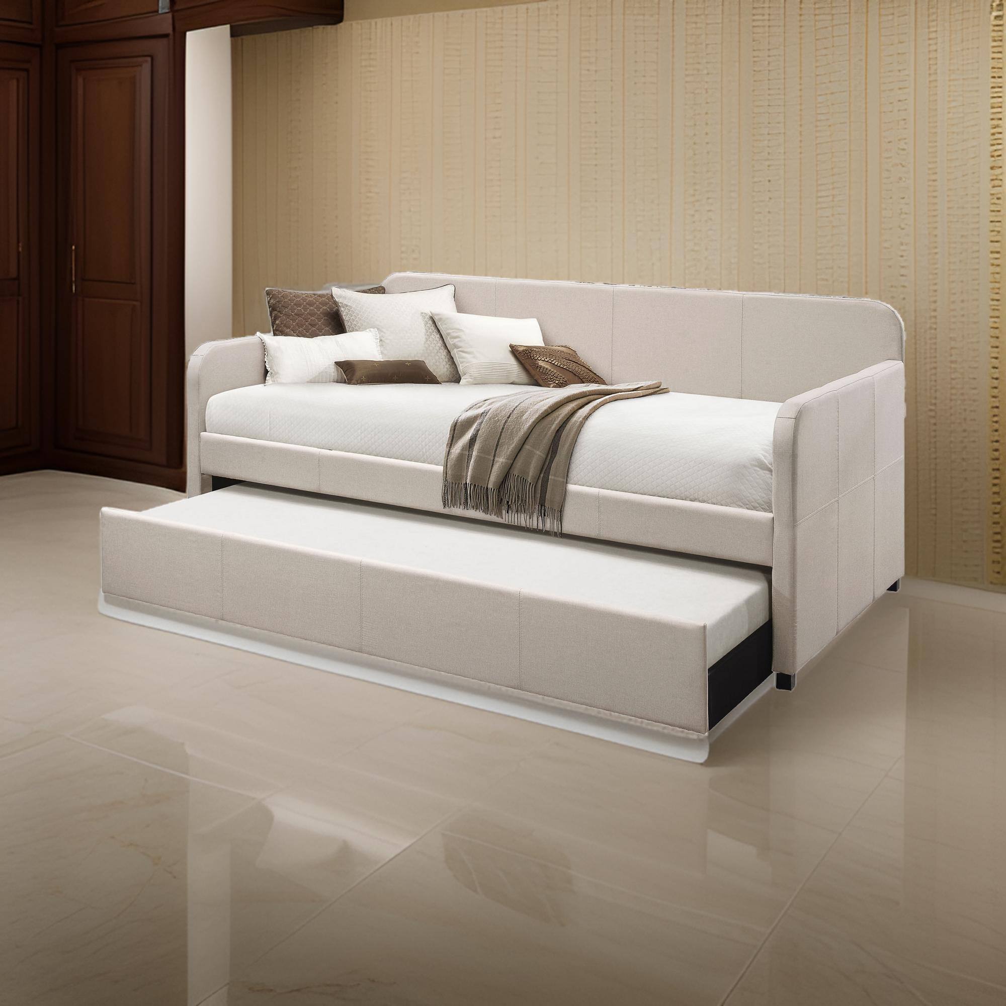 Alt View 5. Manhattan Lane - Fabric Upholstered Wooden Day Bed with Trundle and Panel Back, Beige - Beige.