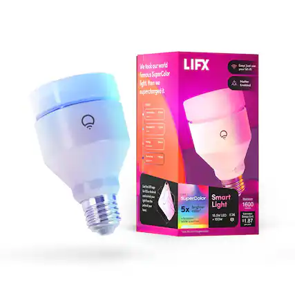 We took our world-famous SuperColor light, then we supercharged it. Easy! Just use your Wi-Fi. Matter Enabled. Get LIFX SuperColor Smart Light 5x brighter, 15.5W LED, 126+ broadest white spectrum, Brightness 1600 lumens. Estimated Sinister Con $1.87. See lifx.com/supercolor