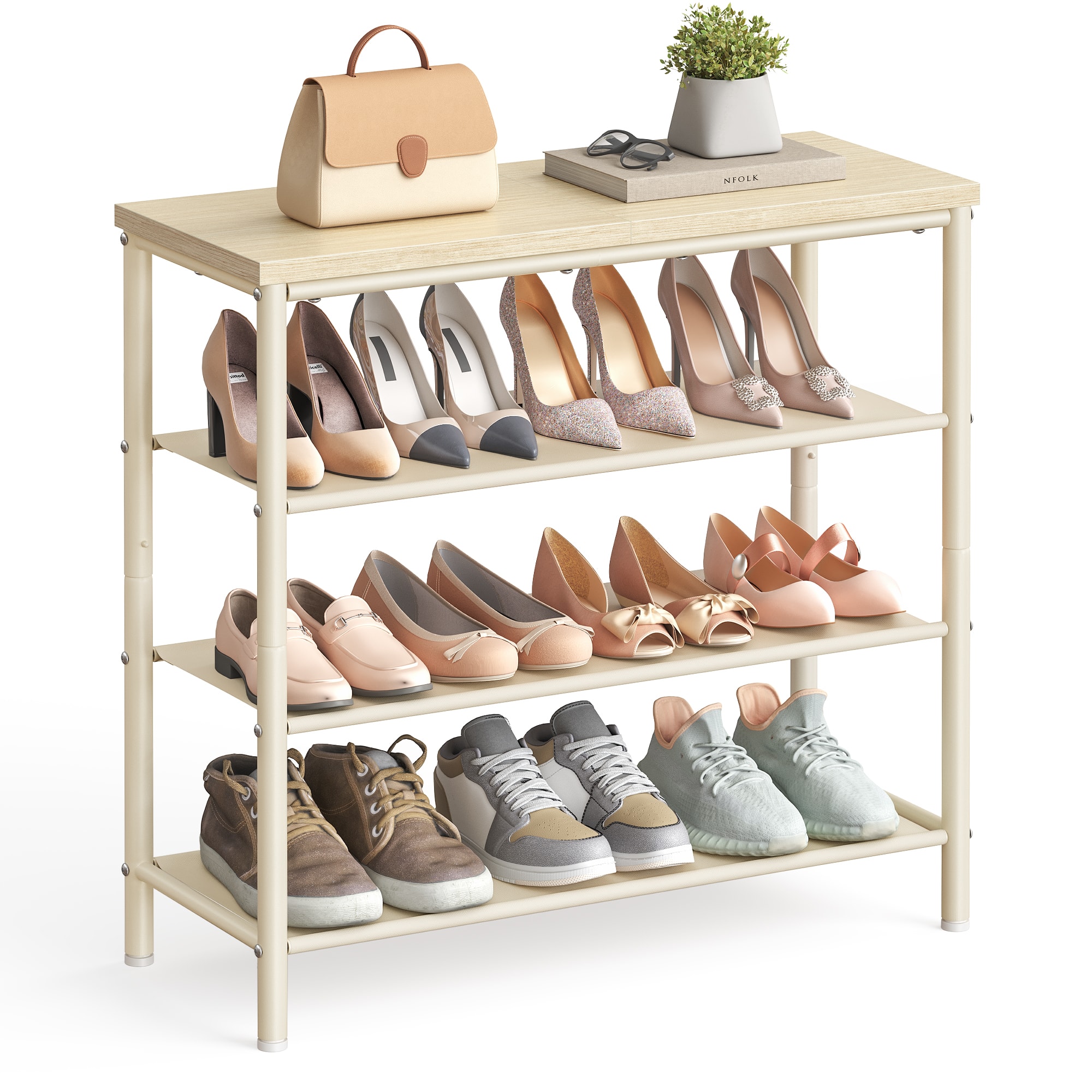 Songmics Home - Shoe Rack, 4 Tier Shoe Storage Rack for 9-12 Pairs of Shoes, Shoe Organizer for Entryway - Natural Beige and Pearl
