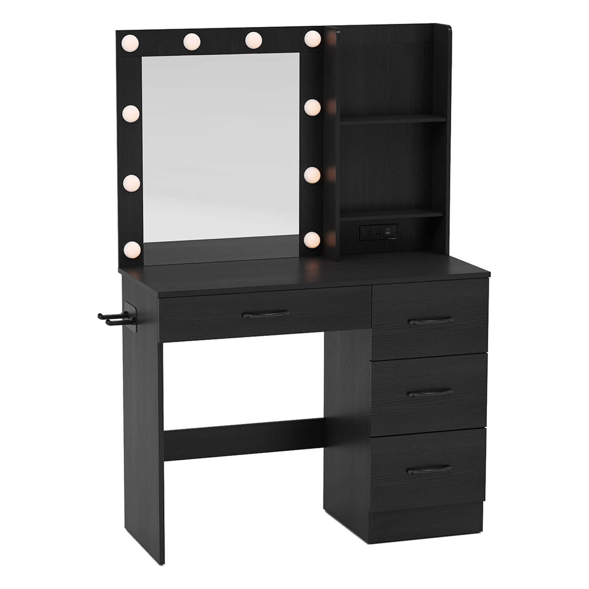 Front. Costway - Costway Makeup Vanity Desk with Mirror and Lights Charging Station 3-Color LED Lights Black - Black.