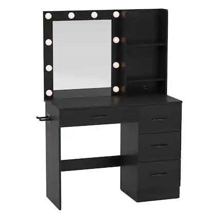 Front. Costway - Costway Makeup Vanity Desk with Mirror and Lights Charging Station 3-Color LED Lights Black - Black.