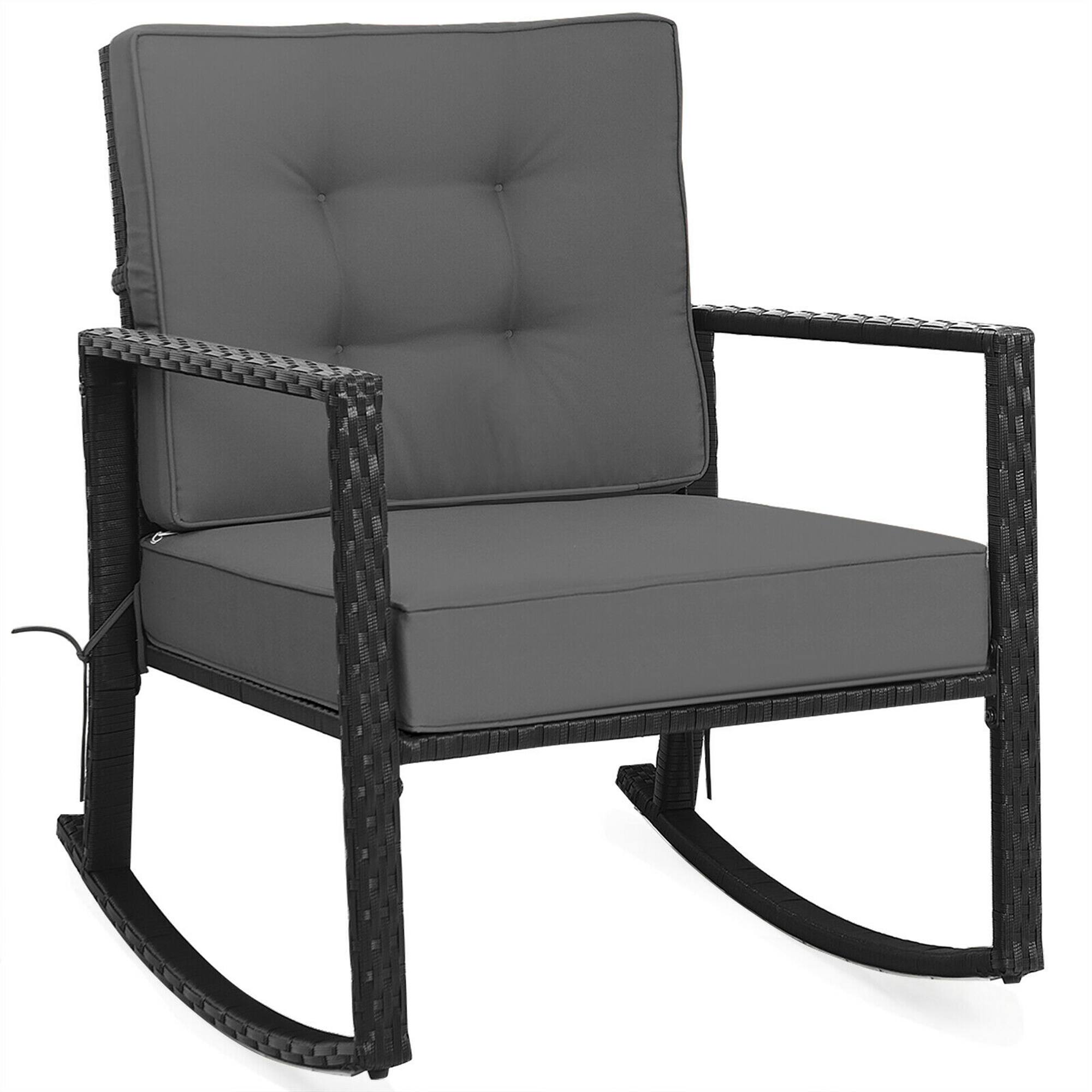 Alt View 7. Gymax - Gymax 2PCS Outdoor Wicker Rocking Chair Patio Rattan Single Chair Glider w/ Grey Cushion - Grey.