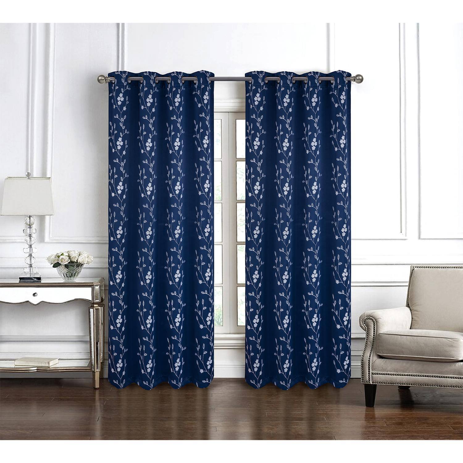 Angle. RT Designers Collection - RT Designer Collection Lilian Embroidered Blackout Luxurious Decorative Grommet Curtain Panel 54" x 95" Navy - Navy Blue.