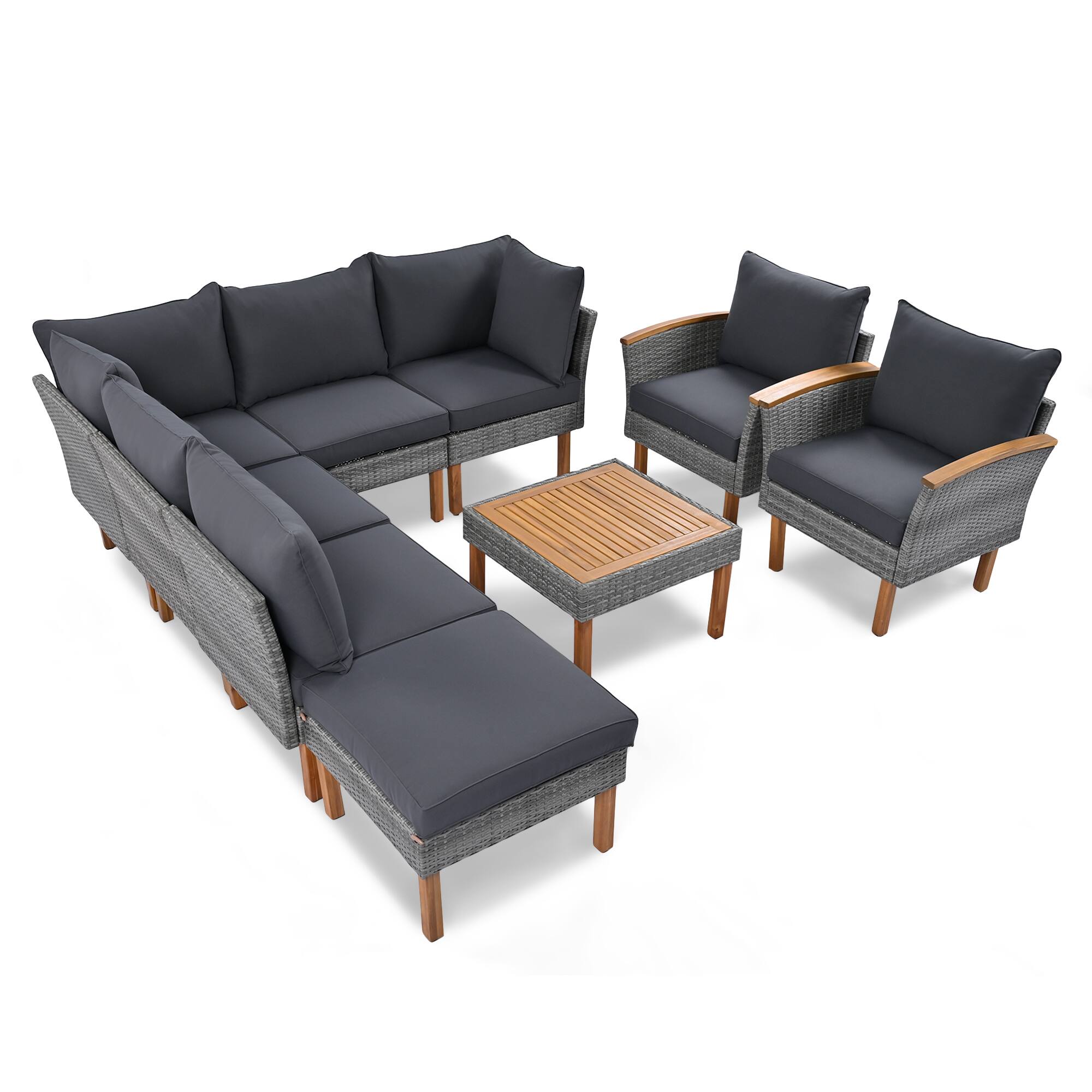 Angle. Whisen - 9-Piece Outdoor Patio Rattan Furniture Set with Acacia Wood Legs and Coffee Table, Sectional Sofa - Gray.