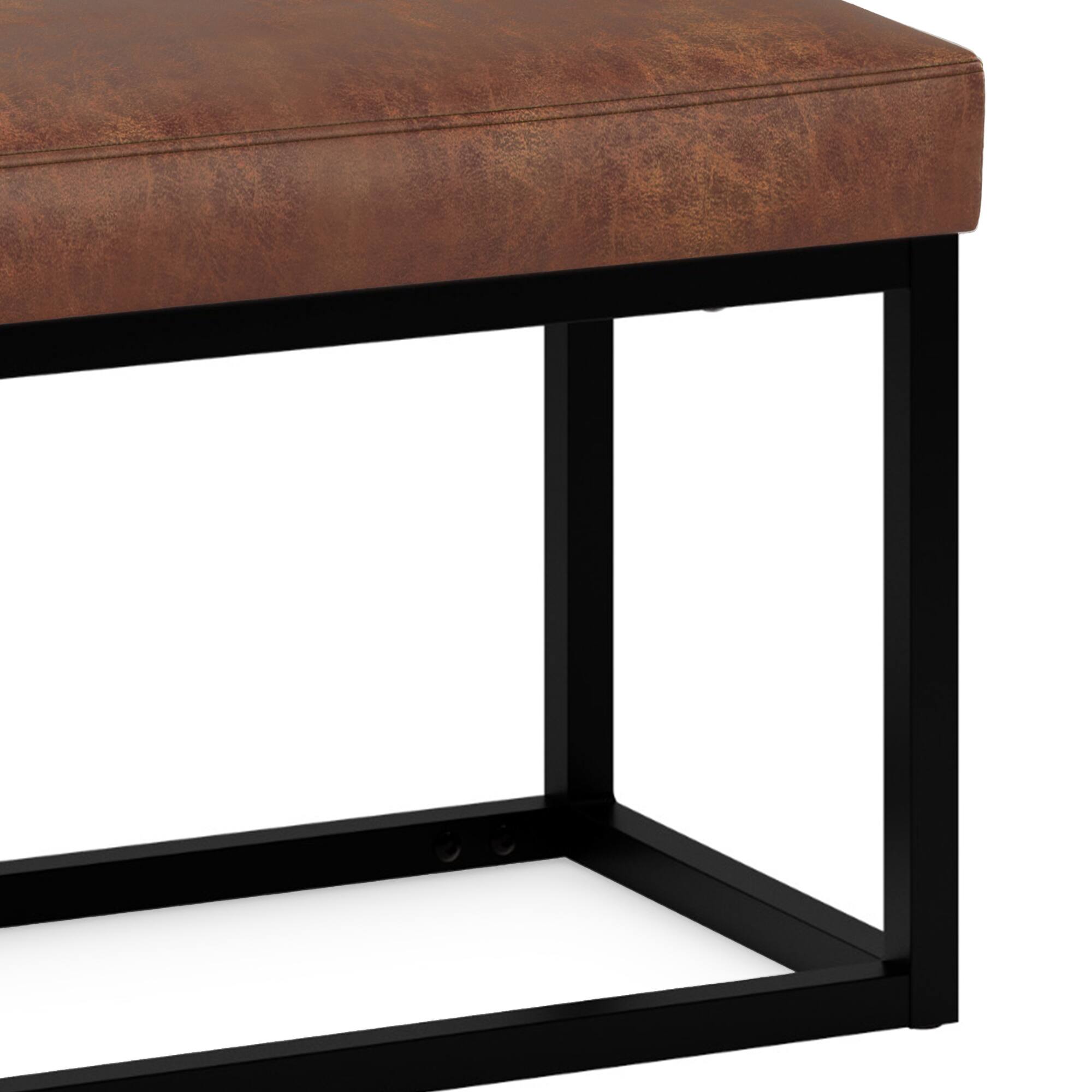 Alt View 2. Simpli Home - Reynolds 26 inch Wide Rectangle Small Bench in Distressed Saddle Brown Vegan Leather - Distressed Saddle Brown.