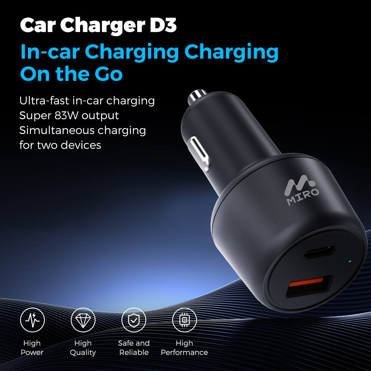 Car Charger D3
In-car Charging Charging On the Go
Ultra-fast in-car charging
Super 83W output
Simultaneous charging for two devices
MIRO
High Power
High Quality
Safe and Reliable
High Performance
