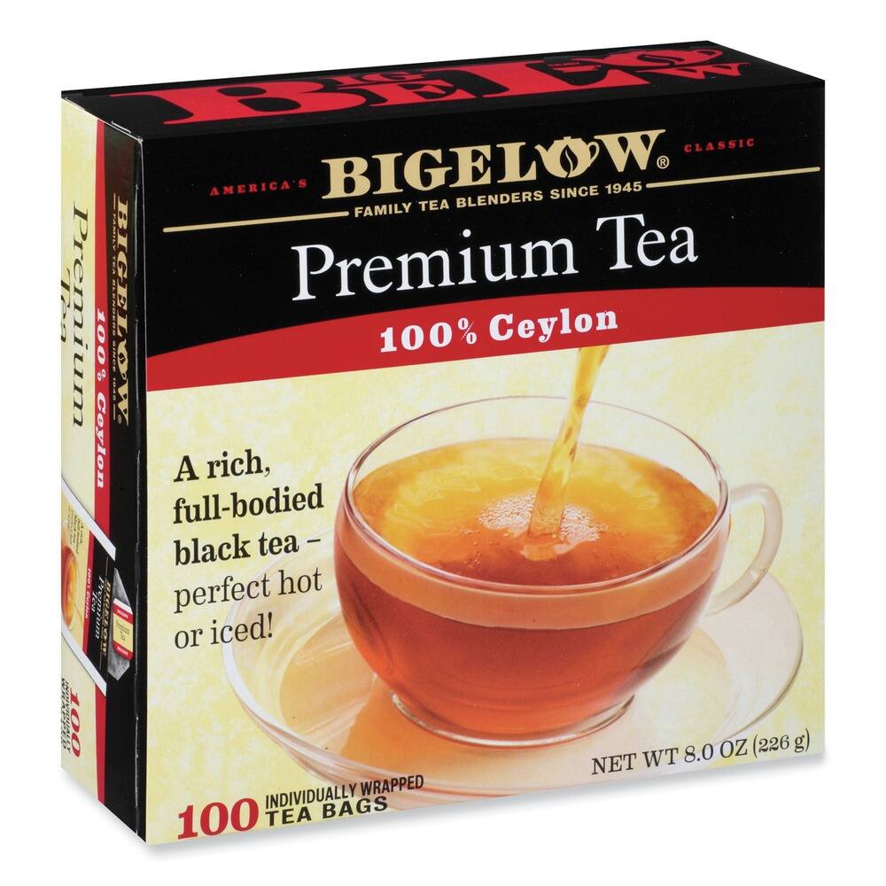 R CLASSIC BIGELOW  
AMERICA'S SINCE 1945  
FAMILY TEA BLENDERS  
Premium Tea  
100% Ceylon  
A rich, full-bodied black tea – perfect hot or iced!  
NET WT 8.0 OZ (226 g)  
100 INDIVIDUALLY WRAPPED TEA BAGS