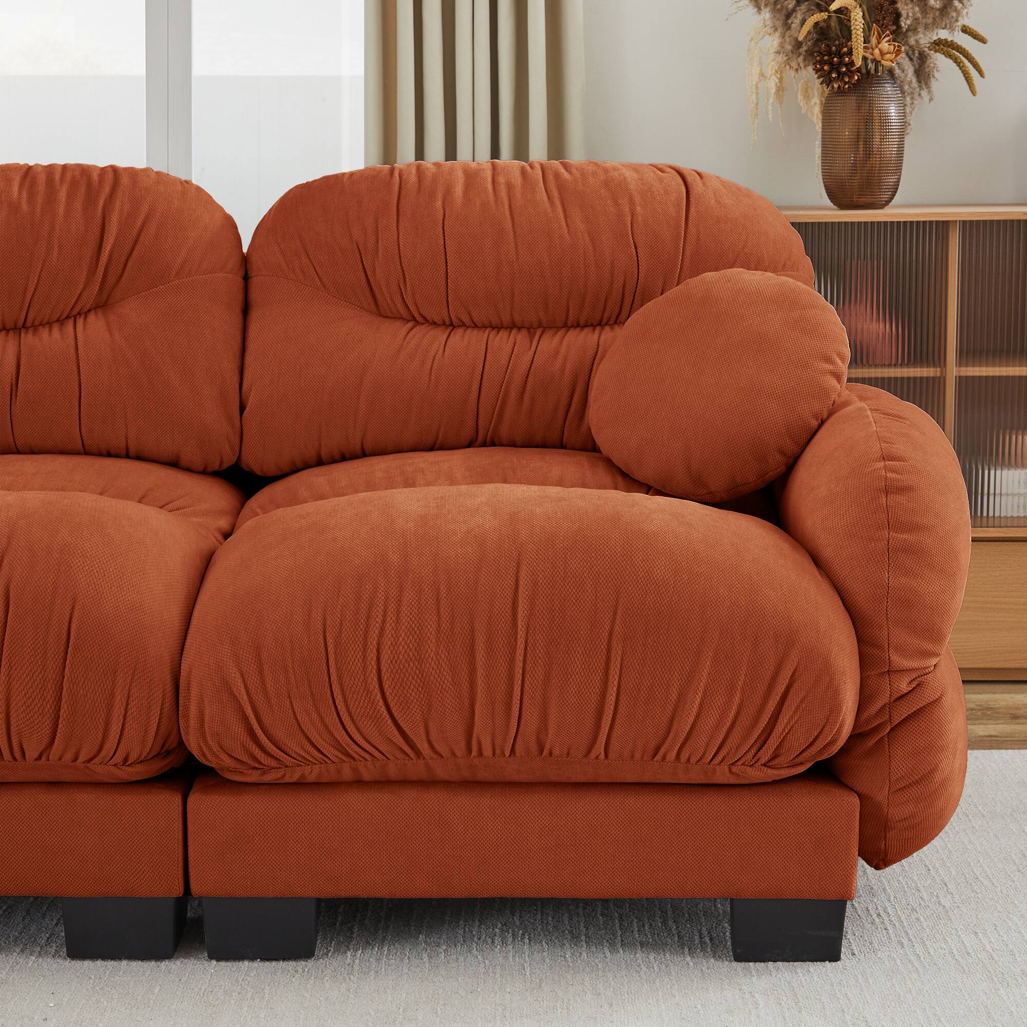 Alt View 6. Anysun - 2-Seater Modular Sofa with Chenille Fabric, High-Density Foam & Curved Armrests, Pleated Design for Living Room - Orange.