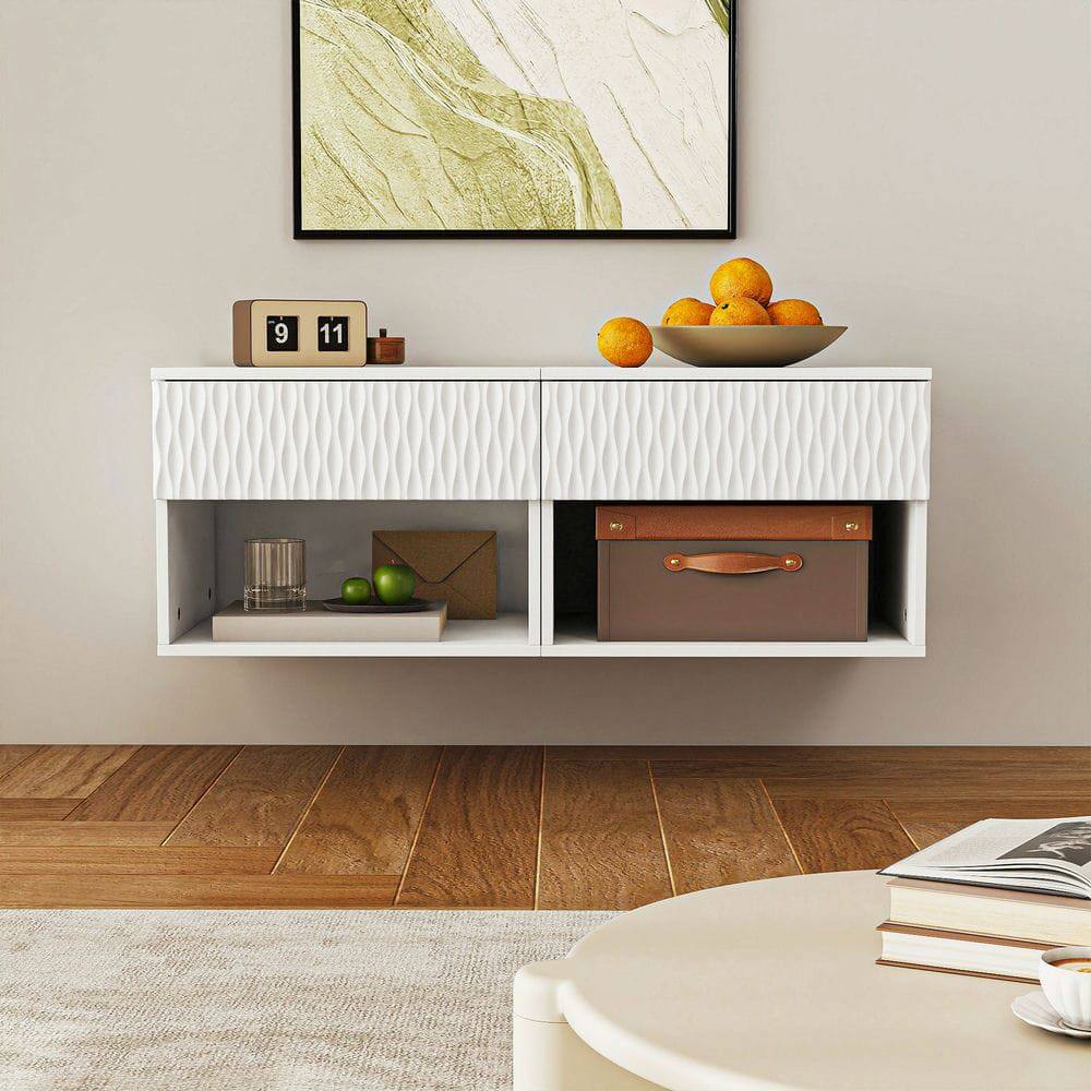Alt View 6. Kadyn - Wavy-Textured Double-Mounted Wall-Mounted Floating Nightstand with Drawer for Bedroom - White - White.