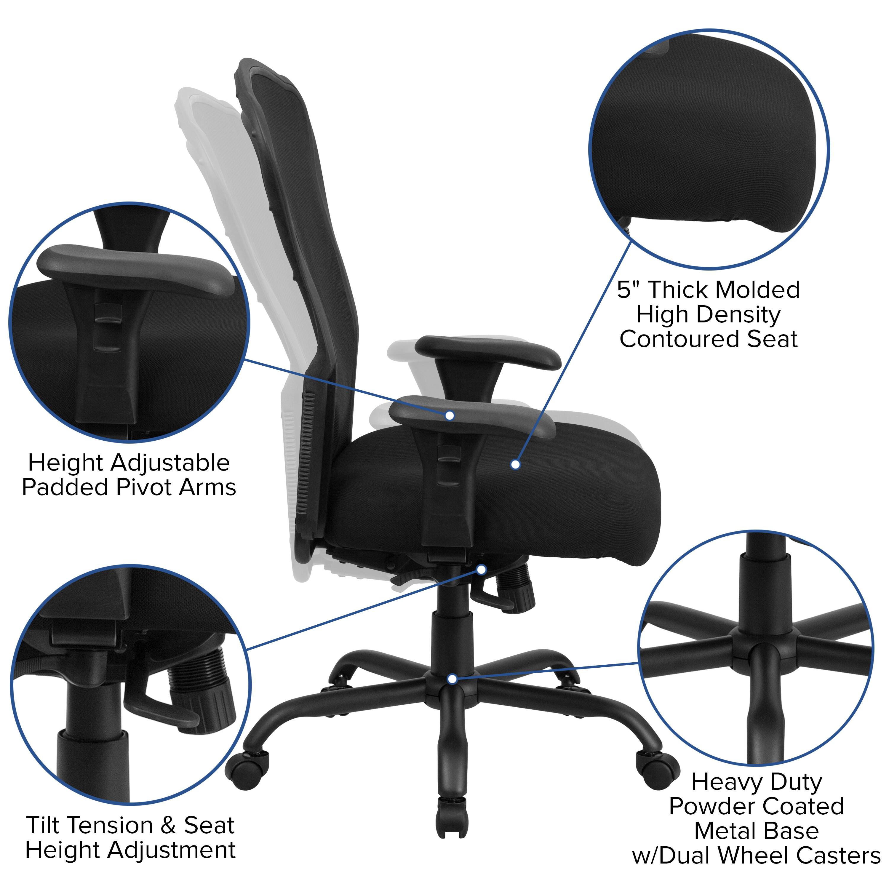 5" Thick Molded High Density Contoured Seat  
Height Adjustable Padded Pivot Arms  
Tilt Tension & Seat Height Adjustment  
Heavy Duty Powder Coated Metal Base w/Dual Wheel Casters