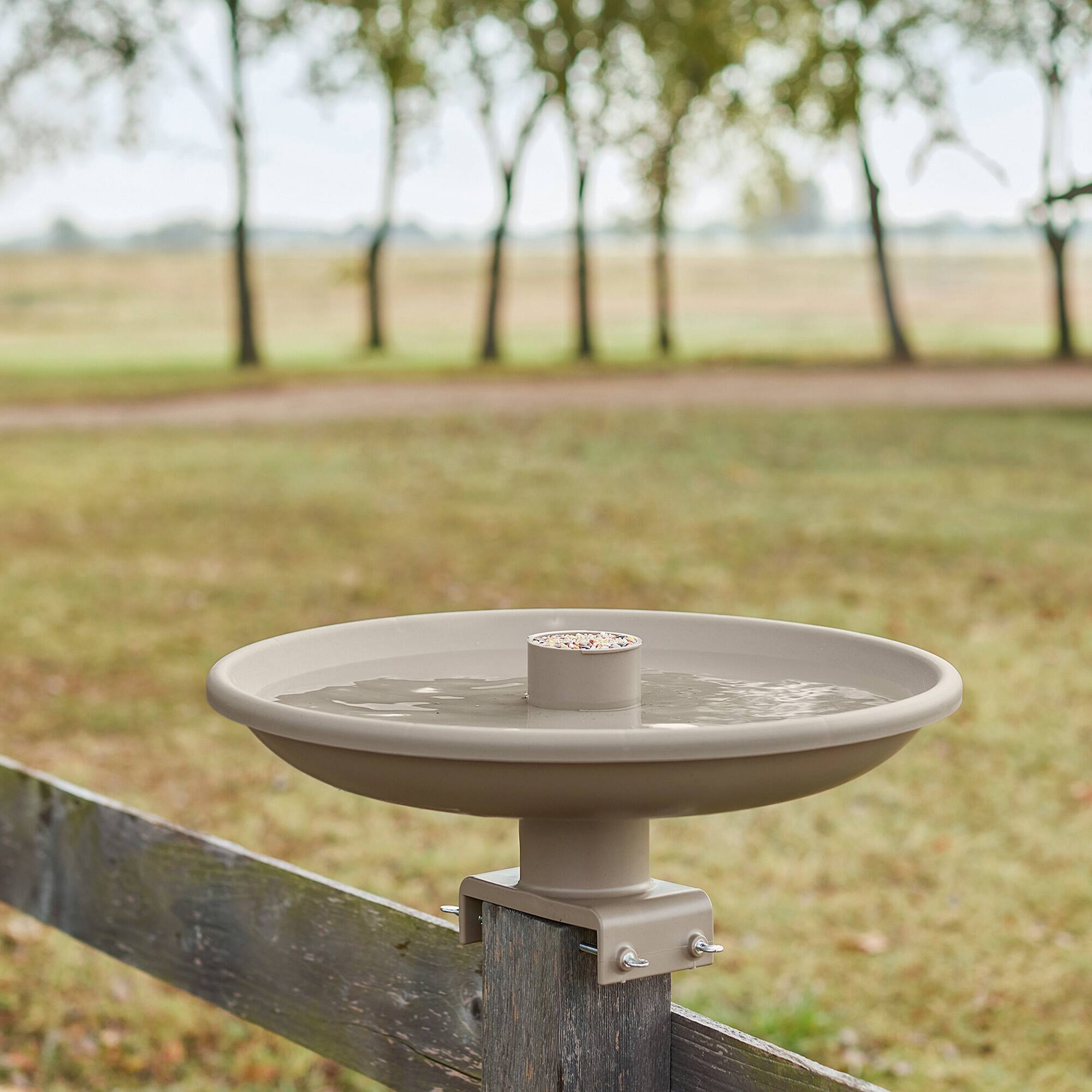 Alt View 2. Farm Innovators - Farm Innovators 150W Outdoor Plastic Heated Birdbath w/Deck Mount & Perch, Tan - Off-white.
