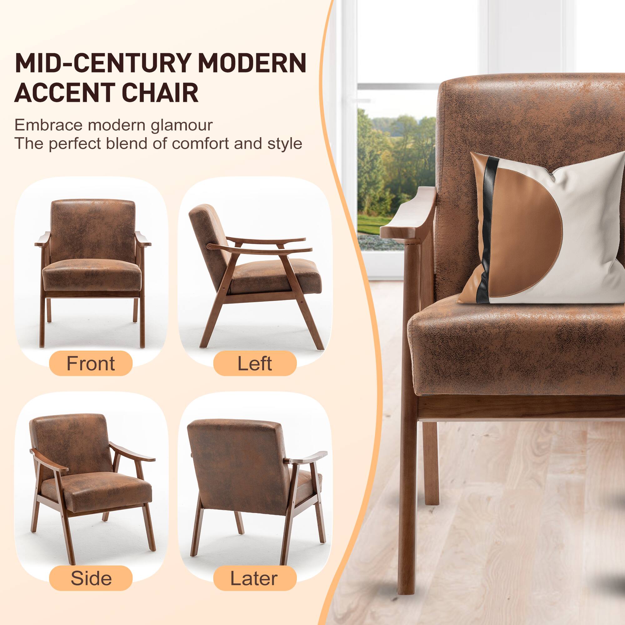 MID-CENTURY MODERN ACCENT CHAIR

Embrace modern glamour  
The perfect blend of comfort and style

Front  
Left  
Side  
Later