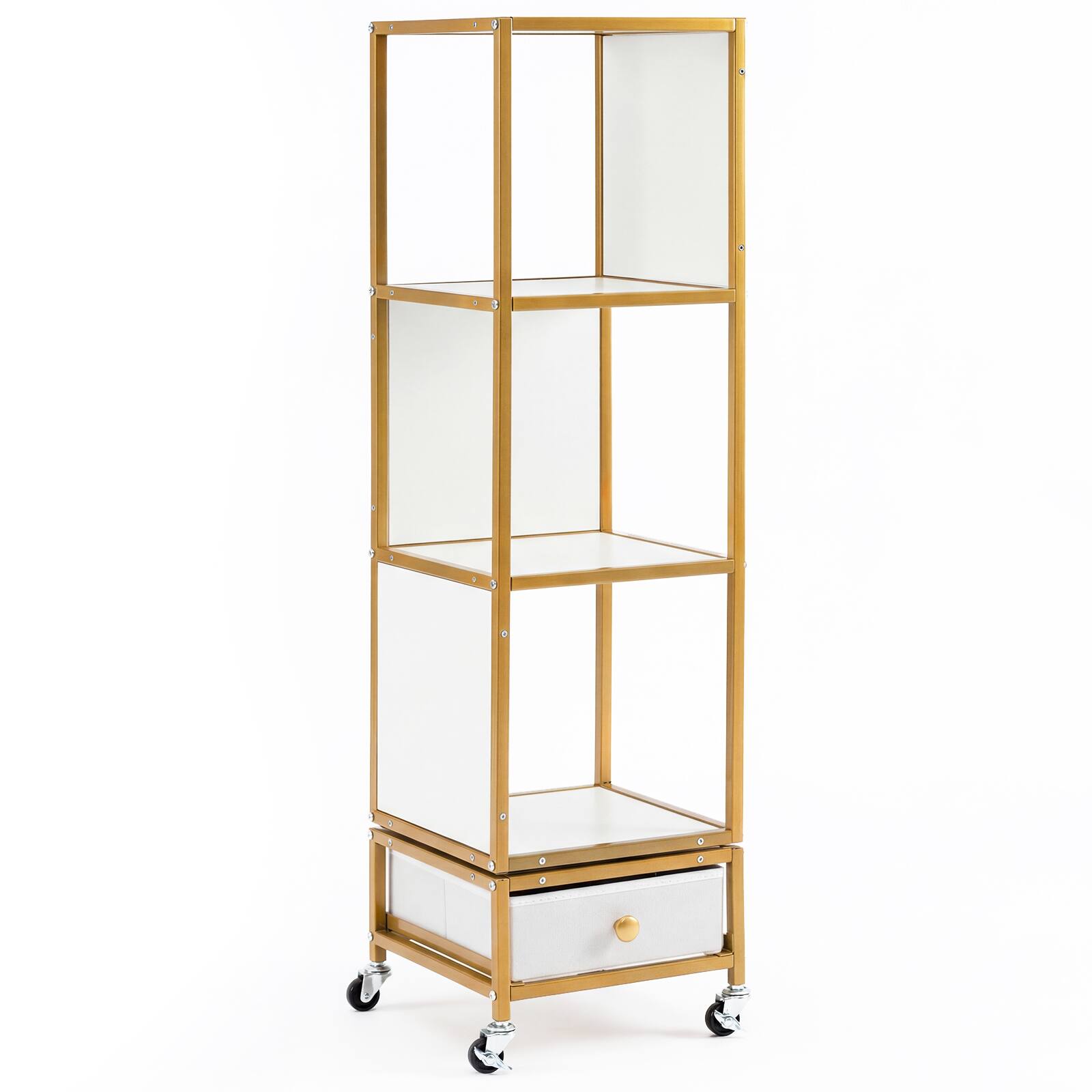 Gymax - 4-Tier Rotating Bookshelf on Wheels w/Removable Fabric Storage Drawer for Office Gold - White