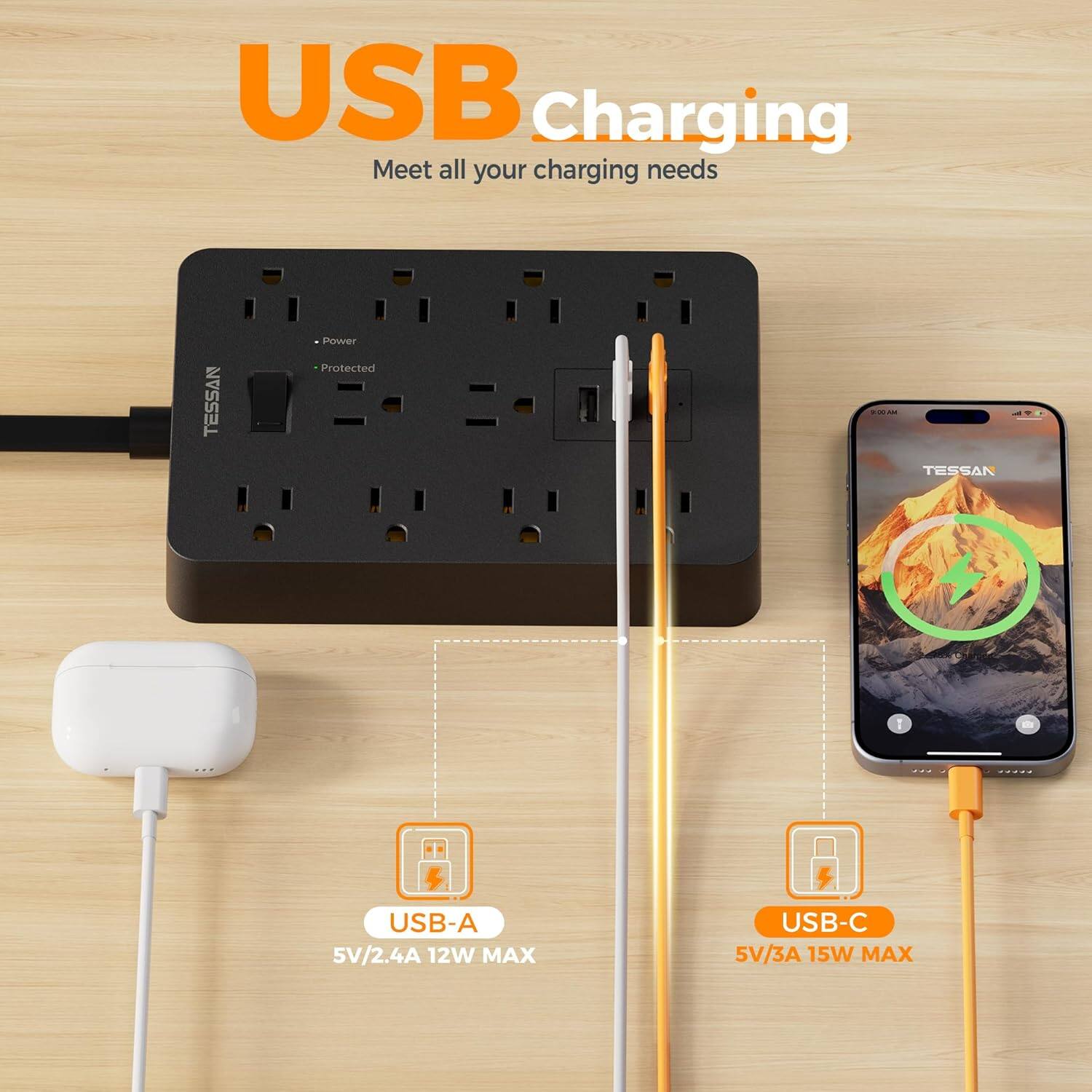 USB Charging  
Meet all your charging needs  

TESSAN Power Protected  

USB-A  
5V/2.4A 12W MAX  

USB-C  
5V/3A 15W MAX