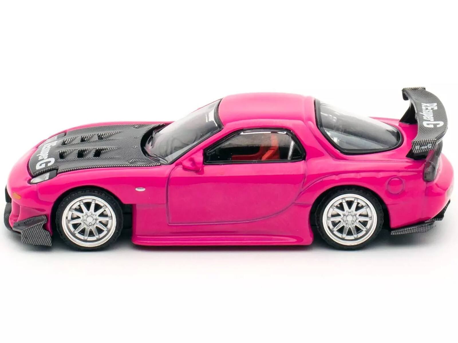 Angle. Pop Race - Mazda RX-7 Widebody RHD (Right Hand Drive) Pink with Carbon Hood Indonesia Diecast Expo 2024 Exclusive 1/64 & - Pink with Carbon.