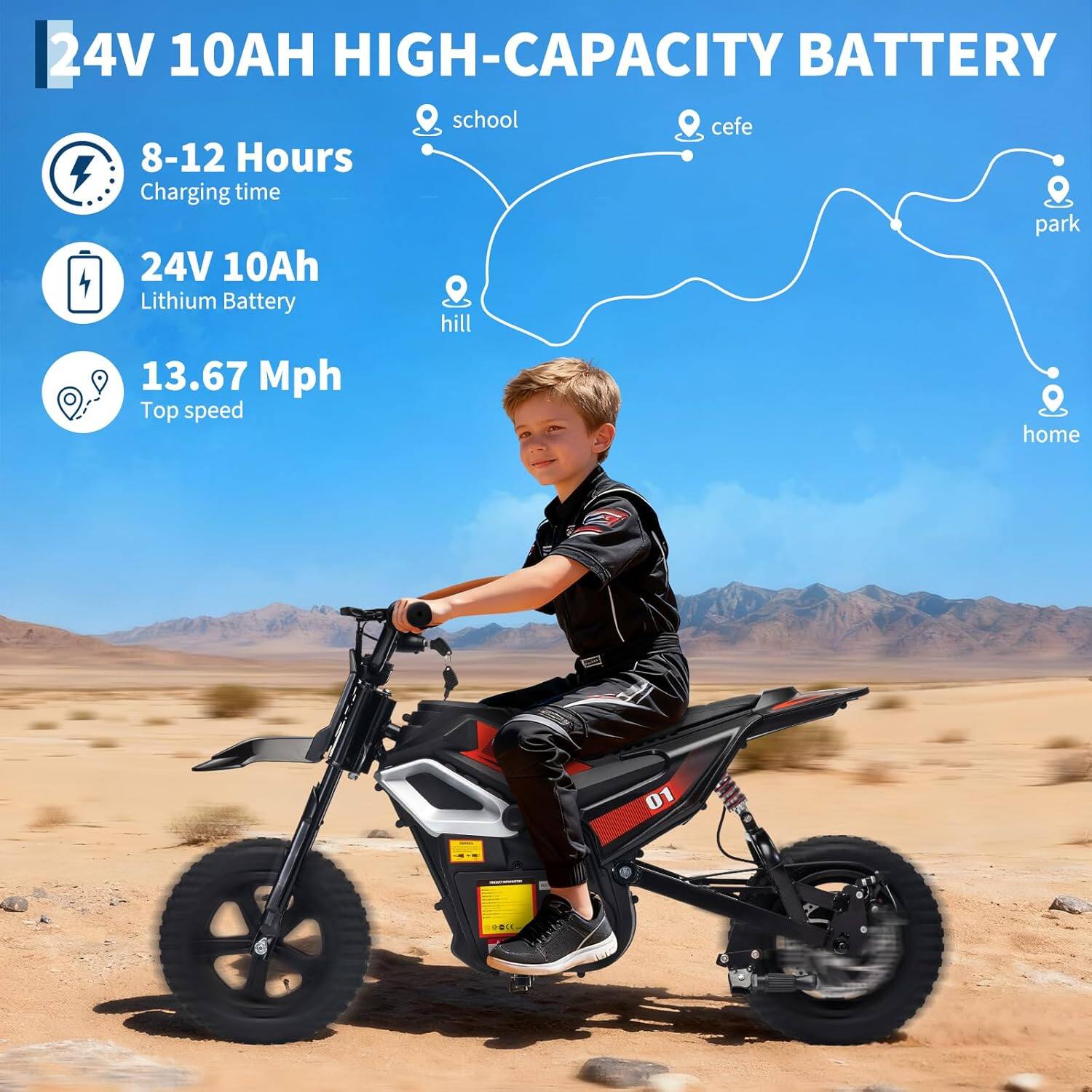 24V 10AH HIGH-CAPACITY BATTERY

- 8-12 Hours Charging time
- 24V 10Ah Lithium Battery
- 13.67 Mph Top speed

school - cefe - hill - park - home