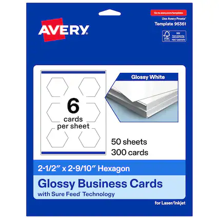 Go to avery.com/templates
Use Avery Presta Template 95361
MX
FSC I | FSC C007276
Glossy White
6 cards per sheet
50 sheets
300 cards
2-1/2" X 2-9/10" Hexagon
Glossy Business Cards with Sure Feed Technology for Laser/Inkjet
