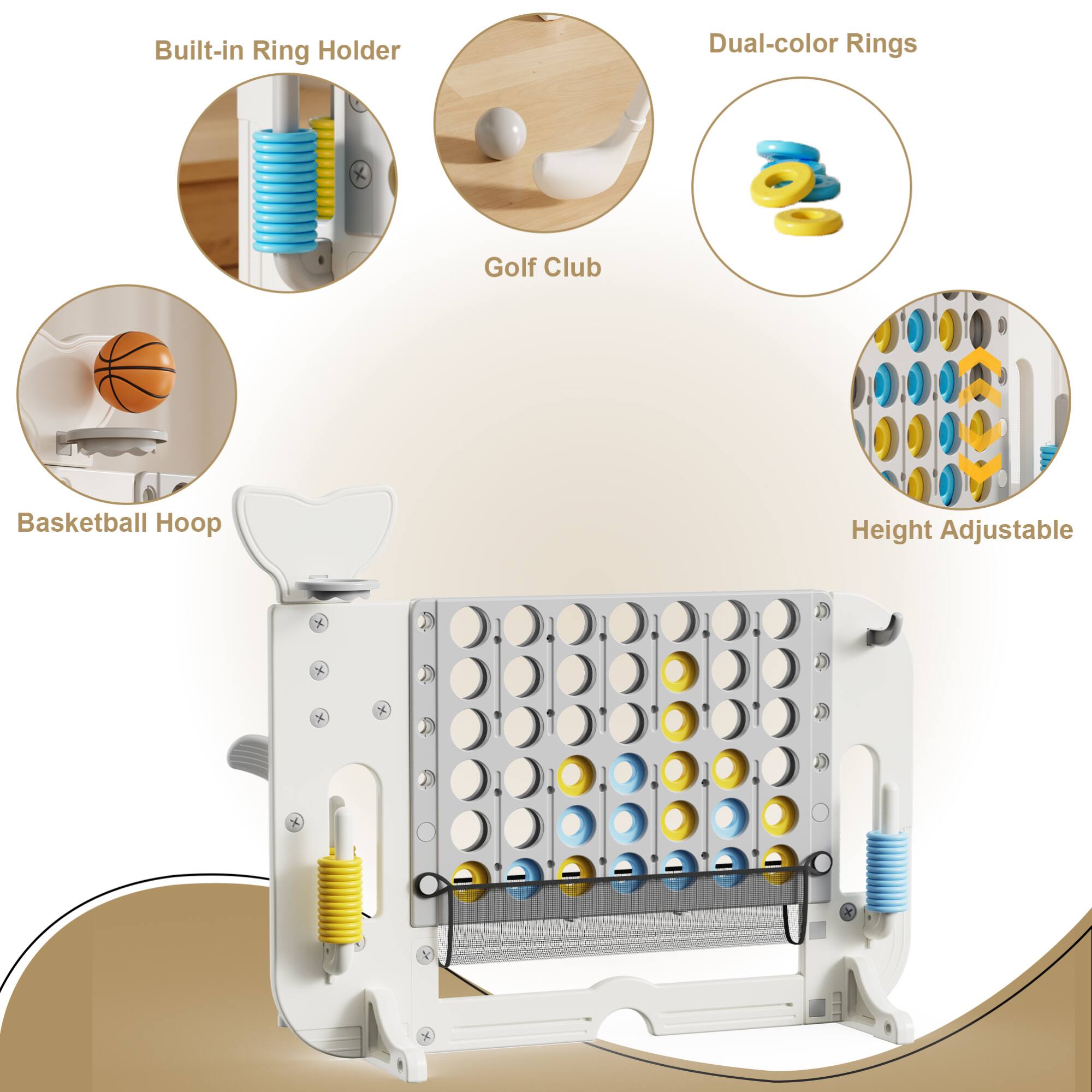 - Built-in Ring Holder
- Dual-color Rings
- Golf Club
- Basketball Hoop
- Height Adjustable