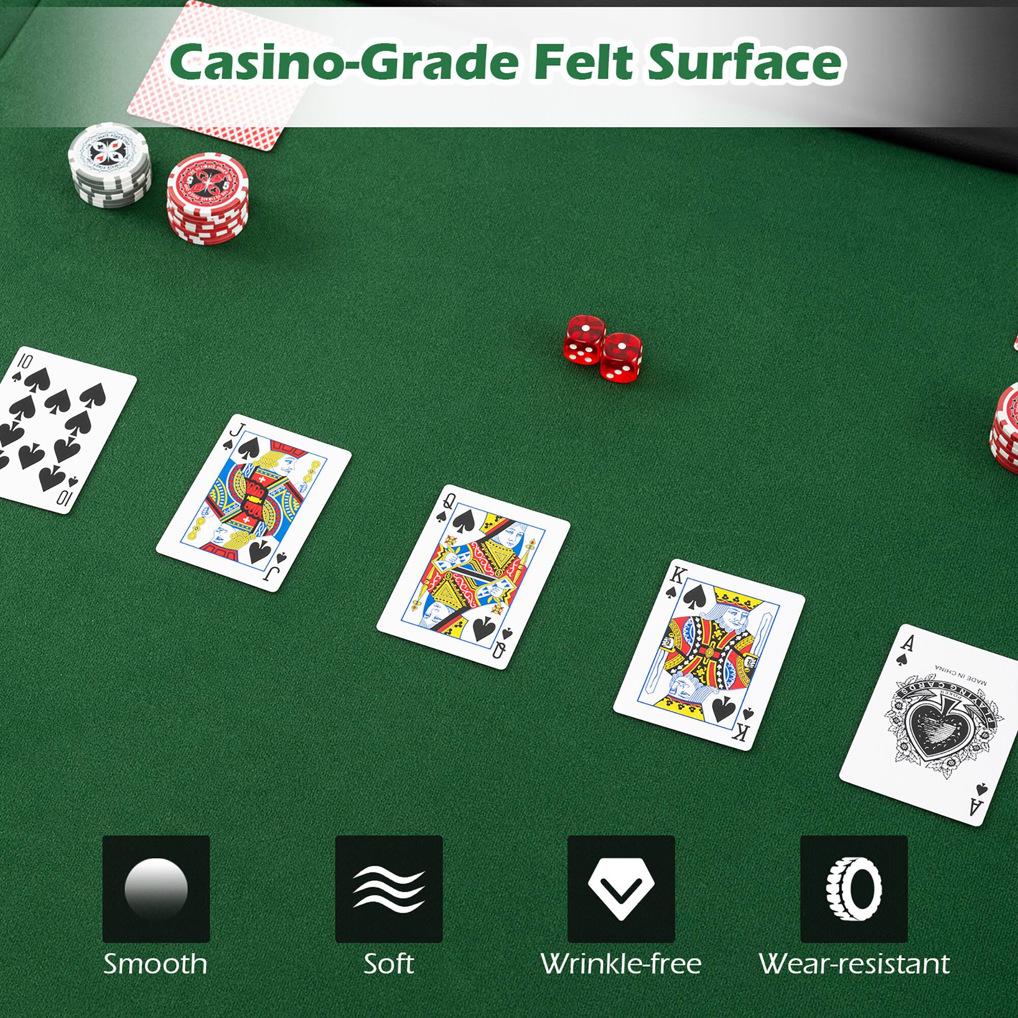 Casino-Grade Felt Surface

- Smooth
- Soft
- Wrinkle-free
- Wear-resistant