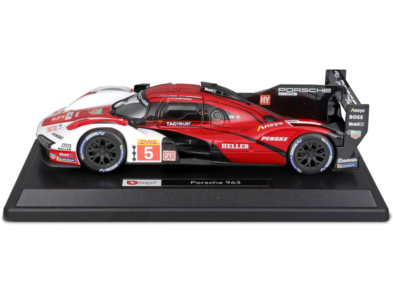 5  
PENSKE BOSS MUCHESEN MELLER TAG  
Mobilll MCRTUN AG CHECHEN  
Porsche 963  
HY  
TAGHeuer  
Ansys BOSS  
Mobil 1  
HELLER  
DHL  
Penske  
HYPER CAR  
Porsche 963