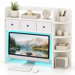 Costway - Desktop Bookshelf with LED Lights, 5-Tier Shelves & 3 Fabric Drawers for Dorm - White