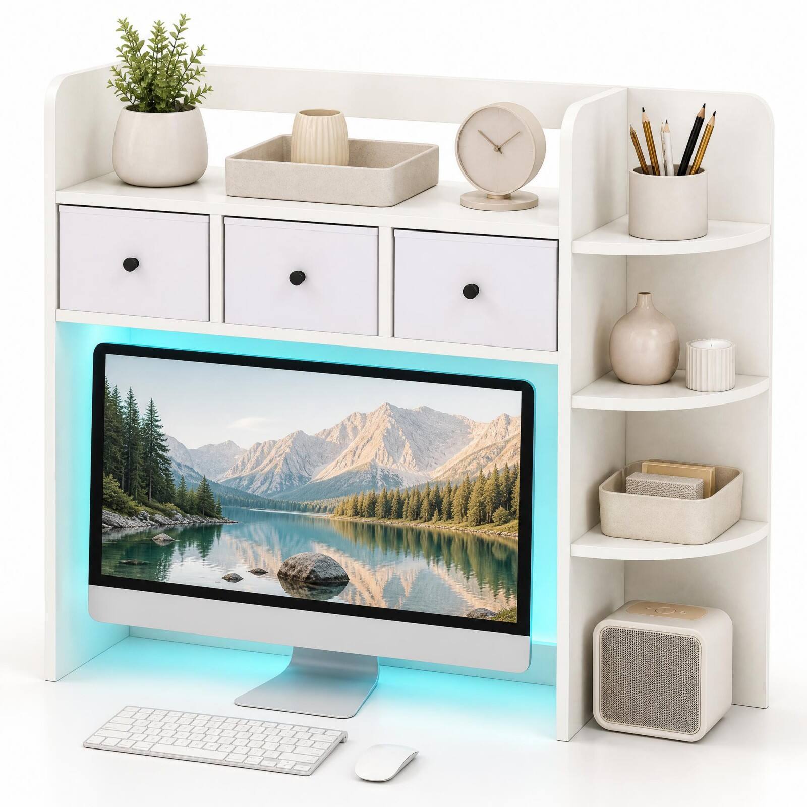 Front. Costway - Costway Desktop Bookshelf with LED Lights, 5-Tier Shelves & 3 Fabric Drawers for Dorm - White.
