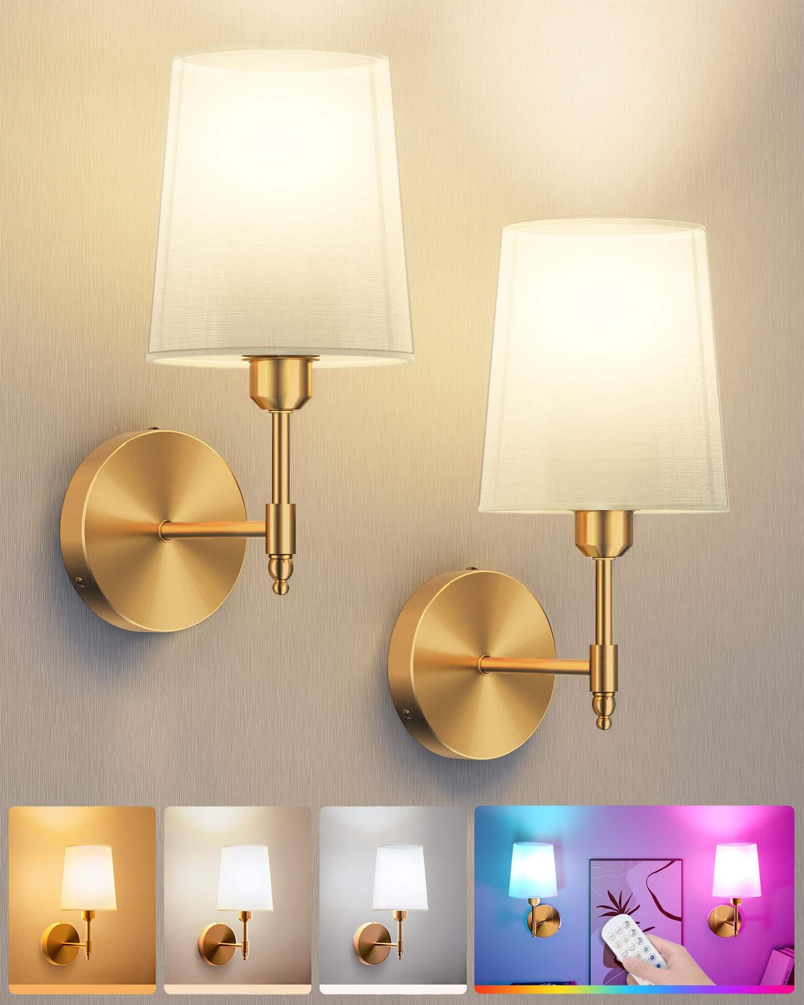 HM 1810 - Operated Wall Sconces Set Of Wireless Rechargeable Dimmable Light With mah Rgb Bulb And Remote For Bedroom - Gold 2 Packs