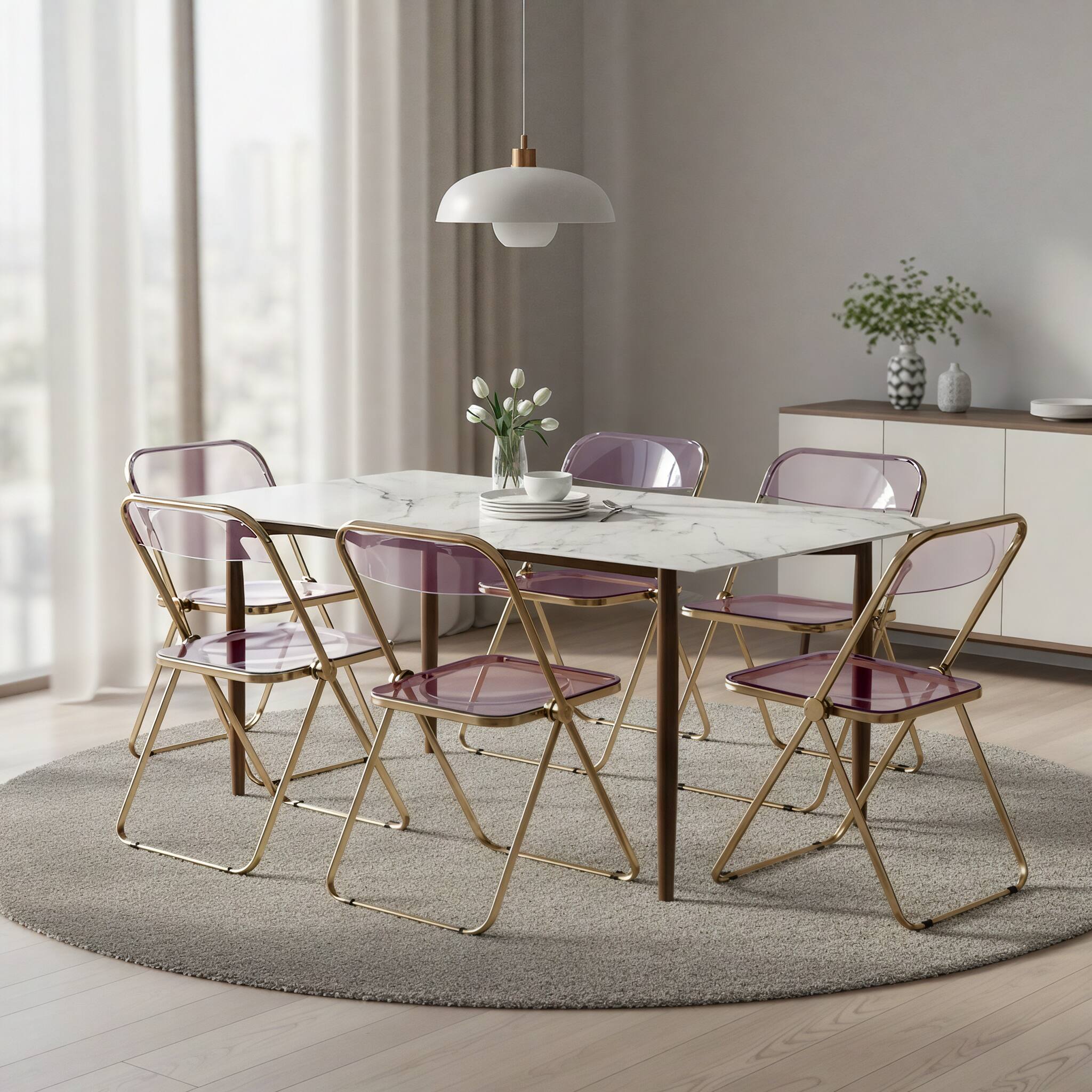 Angle. LeisureMod - Lawrence Clear Acrylic Folding Chair, Modern Gold Chrome Frame, Fully Assembled Portable Dining Seat - Rose Pink.