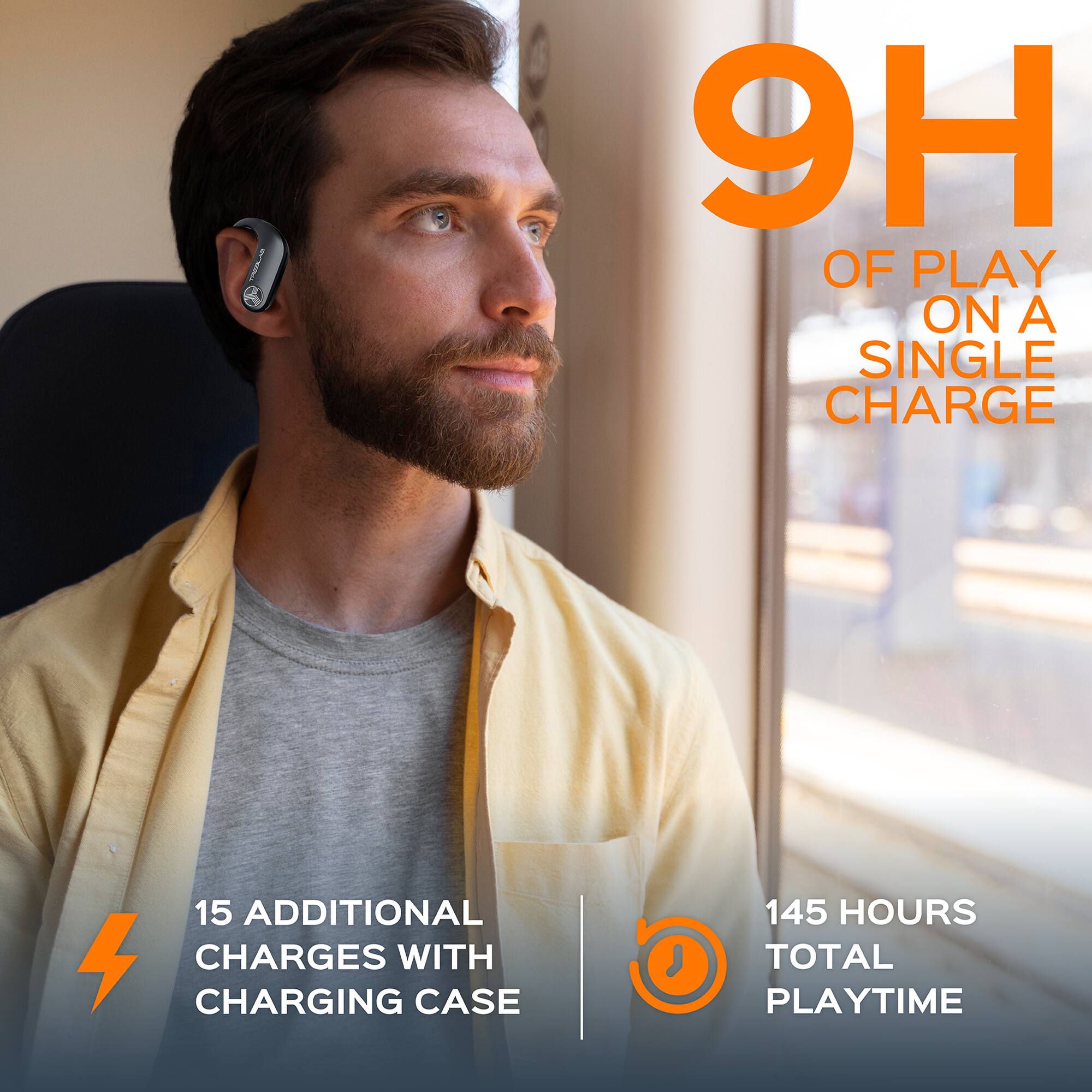 9H OF PLAY ON A SINGLE CHARGE  
15 ADDITIONAL CHARGES WITH CHARGING CASE  
145 HOURS TOTAL PLAYTIME