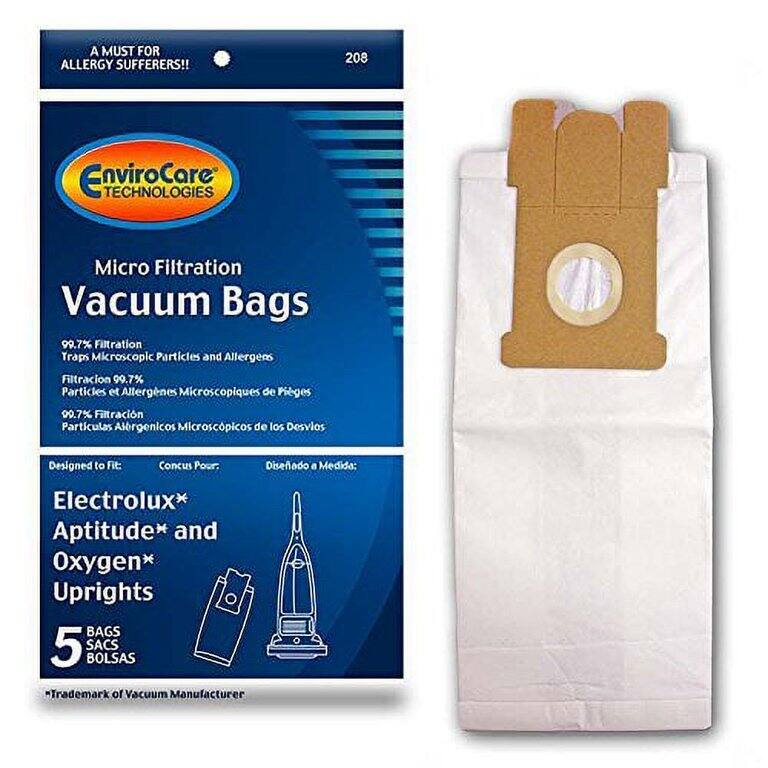 A MUST FOR ALLERGY SUFFERERS!!  
208 EnviroCare TECHNOLOGIES Micro Filtration Vacuum Bags  
99.7% Filtration Traps Microscopic Particles and Allergens  
Filtración 99.7% Partículas y Alergénicos Microscópicos de Pieges  
99.7% Filtración Partículas Alergénicos Microscópicos de los Desvios  

Designed to Fit:  
Electrolux* Aptitude* and Oxygen* Uprights  

5 BAGS  
SACS  
BOLSAS  

*Trademark of Vacuum Manufacturer
