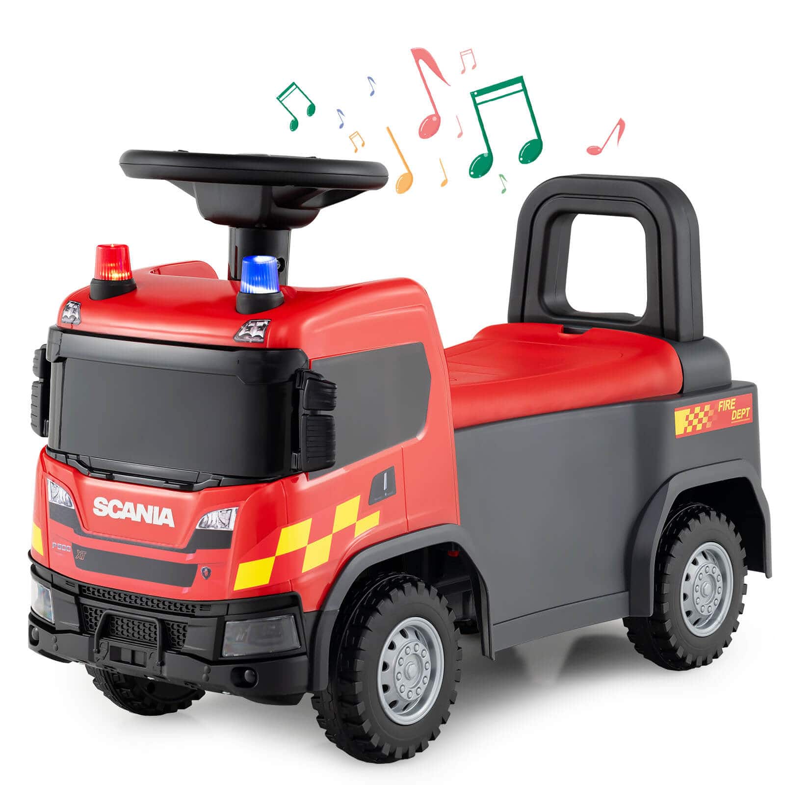 Costway - Licensed Scania Toy Fire Truck with Lights Sounds & Under-Seat Storage - Red