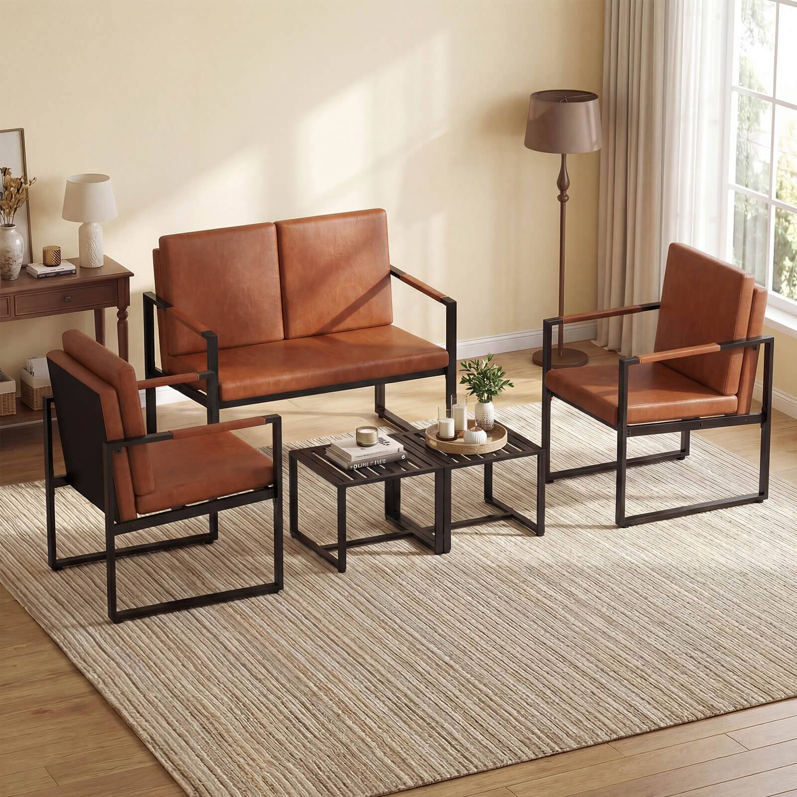 Alt View 1. Costway - Costway Accent Chair Set of 2, Mid Century Single Sofa Chairswith PU upholstered Cushions - Brown + Black.