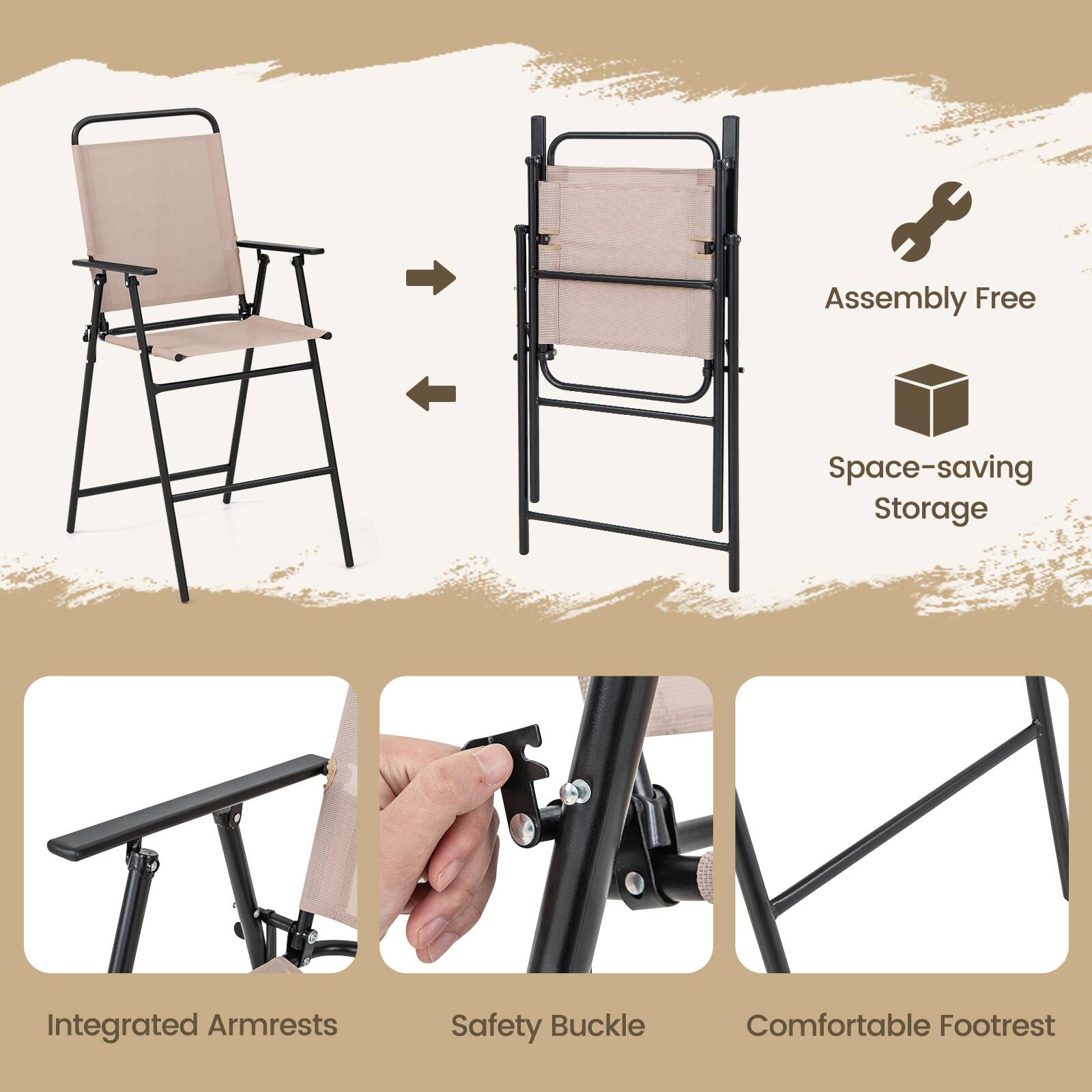 - Assembly Free
- Space-saving Storage
- Integrated Armrests
- Safety Buckle
- Comfortable Footrest