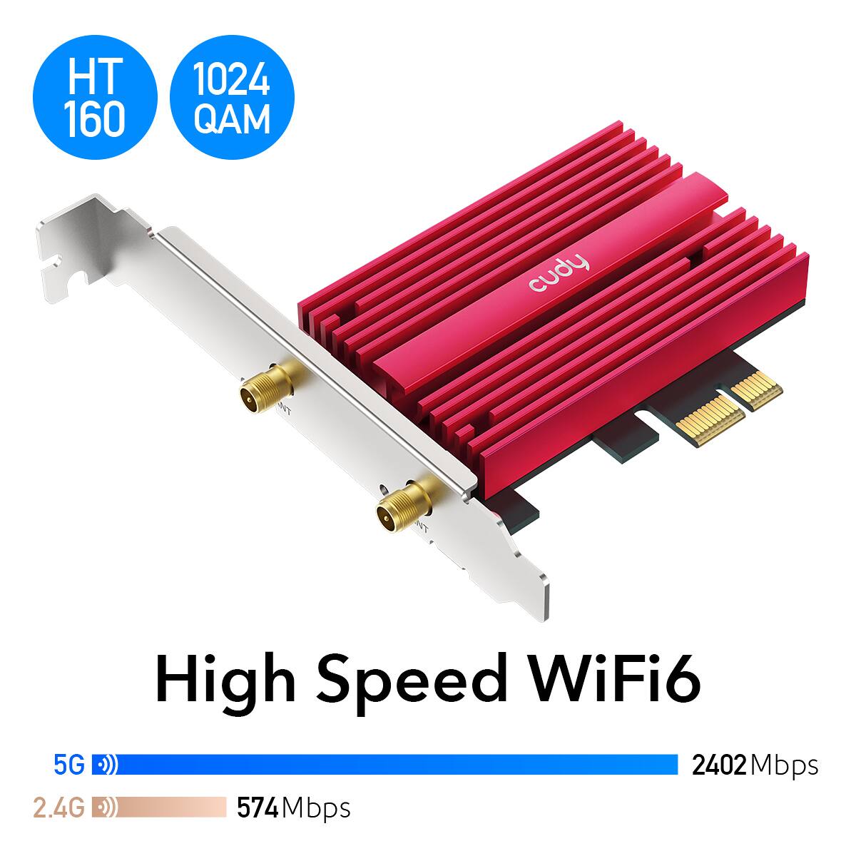 Cudy AX5400 Wi Fi 6E PCI E Adapter,2402Mbps at 6Ghz + 574Mbps at