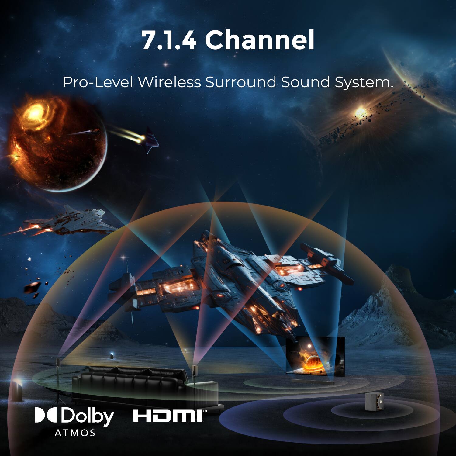 7.1.4 Channel  
Pro-Level Wireless Surround Sound System.  
Dolby HDMI Atmos