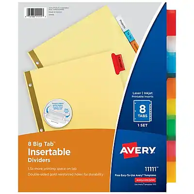 Avery 19197 Projects ToDo Do Laser Inkjet Printable Inserts 8 Tabs 1 Set 8 Big Tab Insertable Dividers 1.5x more printing space on tab Double-sided gold reinforced holes for durability Avery 11111 Free Easy-To-Use Avery Templates avery.com/print