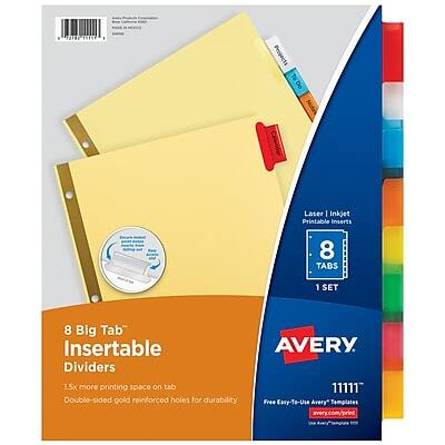 Sure, here is the corrected and grouped text:

---

**Avery**

**8 Big Tab™ Insertable Dividers**

- **1.5x more printing space on tab**
- **Double-sided gold reinforced holes for durability**

**Lister | Inkjet | Laser | Printable Inserts**

**8 Tabs | 1 Set**

**Free Easy-To-Use Avery Templates**

- avery.com/print

---

**Product Details:**

- **Item Number:** 19197
- **Size:** 8.5" x 11"
- **Material:** Paper
- **Color:** Assorted (Yellow, Blue, Red, Green, etc.)
- **Quantity:** 8 Tabs

**Features:**

- **1.5x more printing space on tab**
- **Double-sided gold reinforced holes for durability**

**Free Templates:**

- **Avery Templates**
- **avery.com/print**

---

**Barcode:** [Barcode Image]

**Avery**

---

This text is grouped and corrected based on the information provided in the image.
