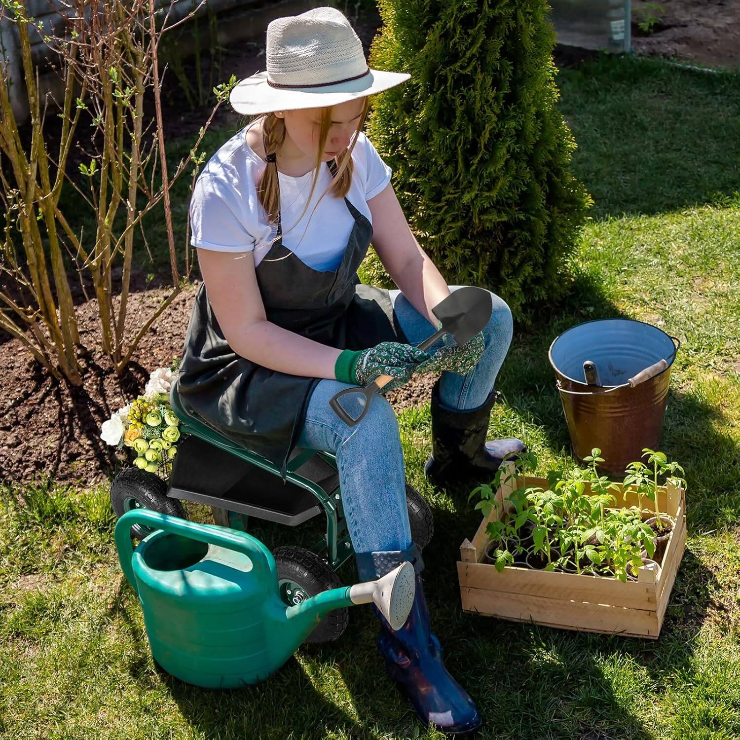 Back. Winado - Rolling Garden Cart, 360° Swivel Work Seat for Lawn Yard Green | Storage basket and tool tray keep organized.