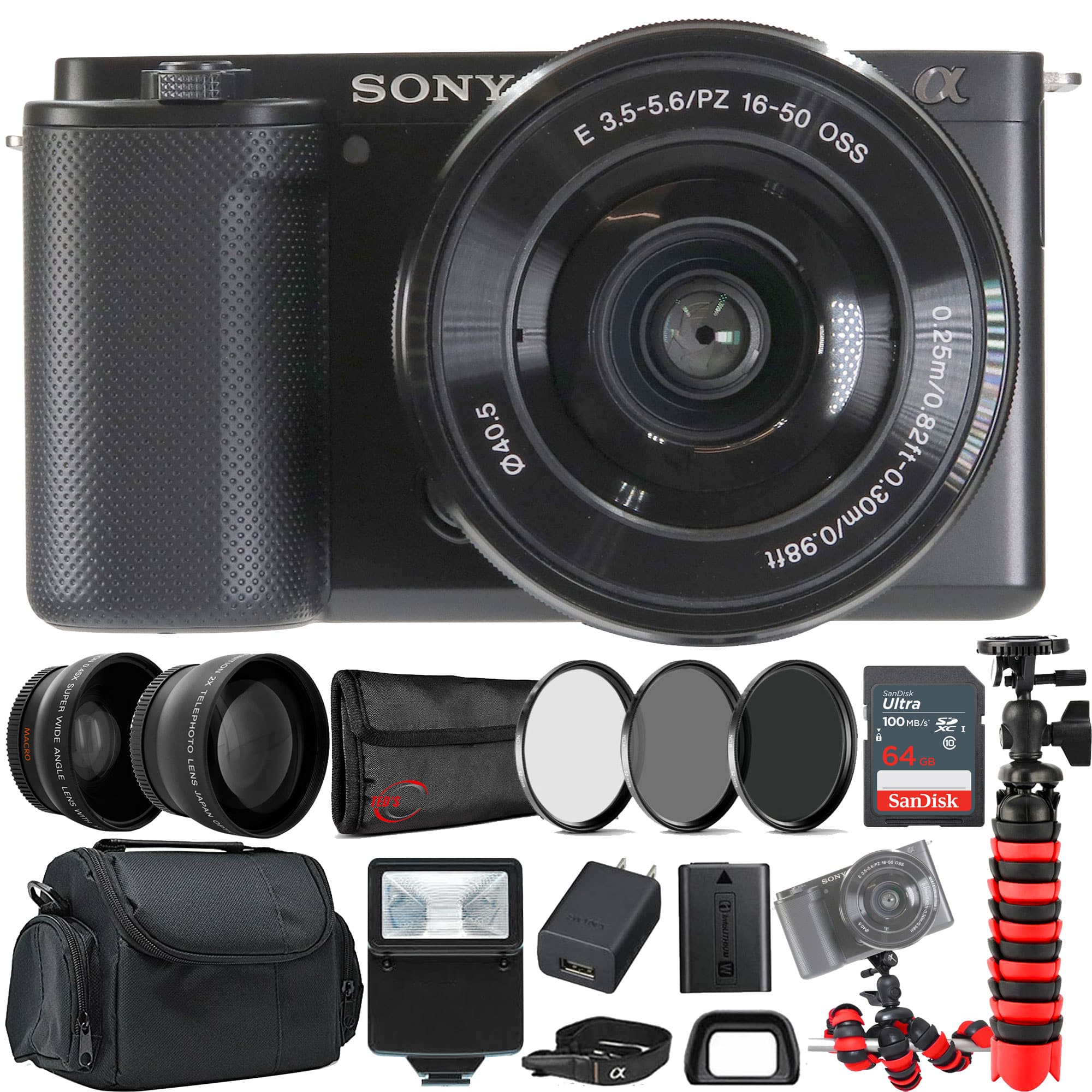 Sony - ZV-E10 Mirrorless Camera + E PZ 16-50mm f/3.5-5.6 II Lens Ultimate Gift Kit - Black