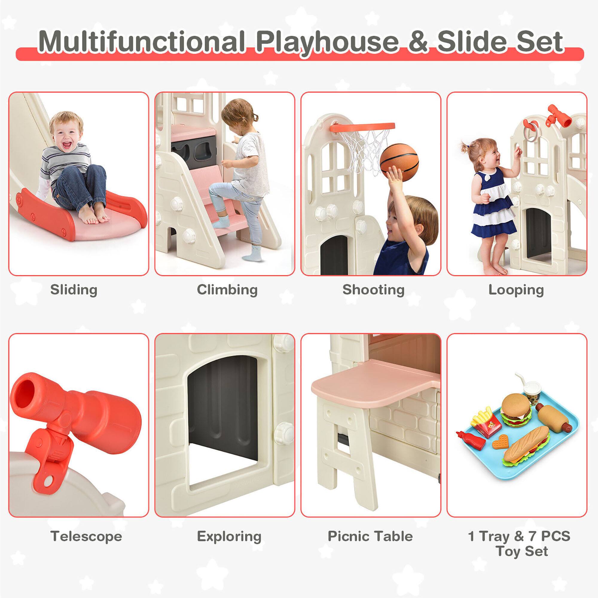 Multifunctional Playhouse & Slide Set

- Sliding
- Climbing
- Shooting
- Looping
- Telescope
- Exploring
- Picnic Table
- 1 Tray & 7 PCS Toy Set