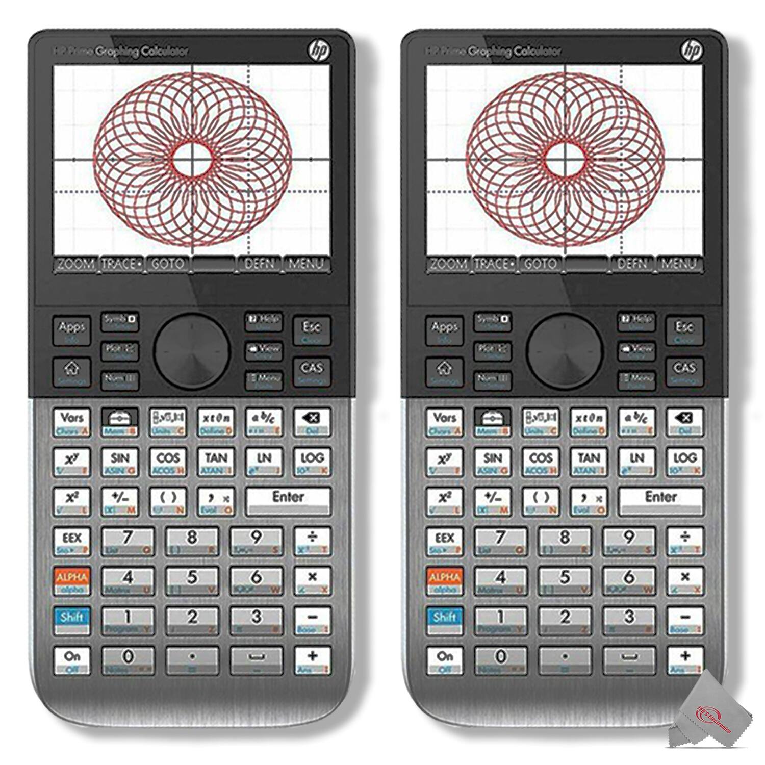 HP Prime Graphing Calculator
ZOOM TRACE GOTO DEFN MENU
Apps Symbol Help Esc CAS
Vors x^2 x^3 a^b/c x^y
SIN COS TAN LN LOG ASIN ACOS ATAN ALN ALG
x^2 +/- ( ) , x Enter
EEX 7 8 9 / ALPHA 4 5 6 x
Shift 1 2 3 - On 0 . +