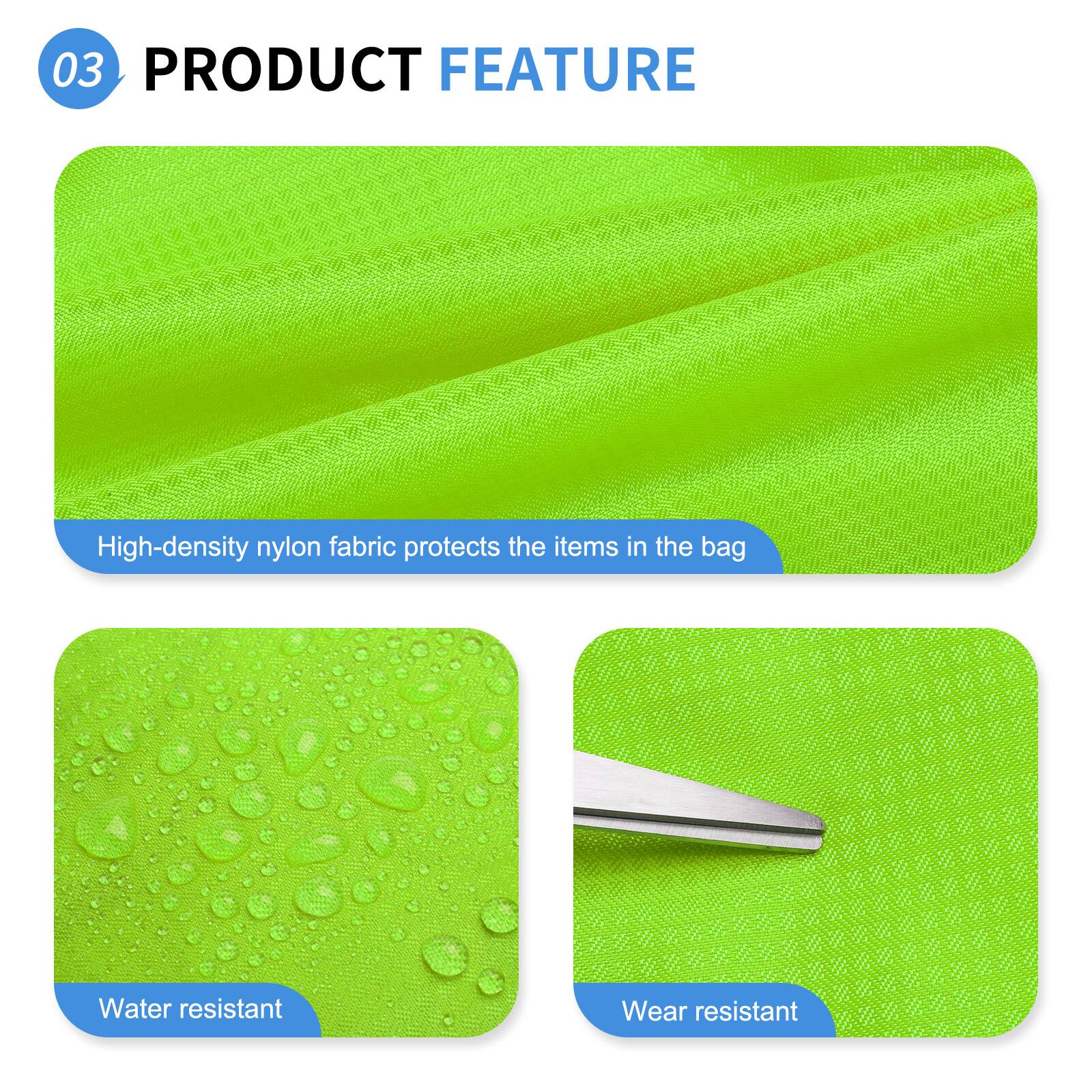 03 PRODUCT FEATURE

- High-density nylon fabric protects the items in the bag
- Water resistant
- Wear resistant