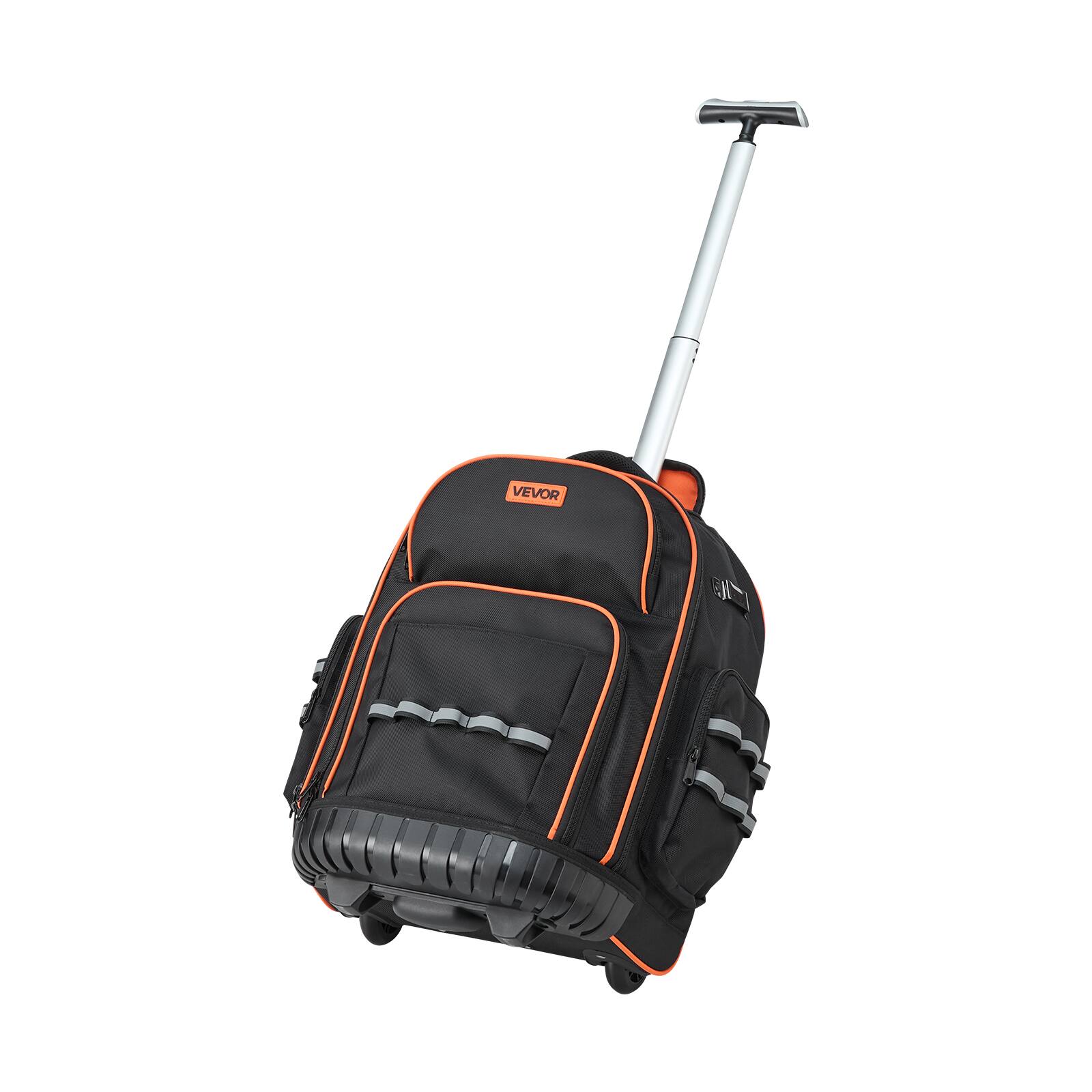 Alt View 5. VEVOR - Rolling Tool Backpack, 110 lbs Load Capacity, 45 Pockets Heavy Duty Roller Tool Bag on Wheels - Black-Orange Exterior + Orange Interior.