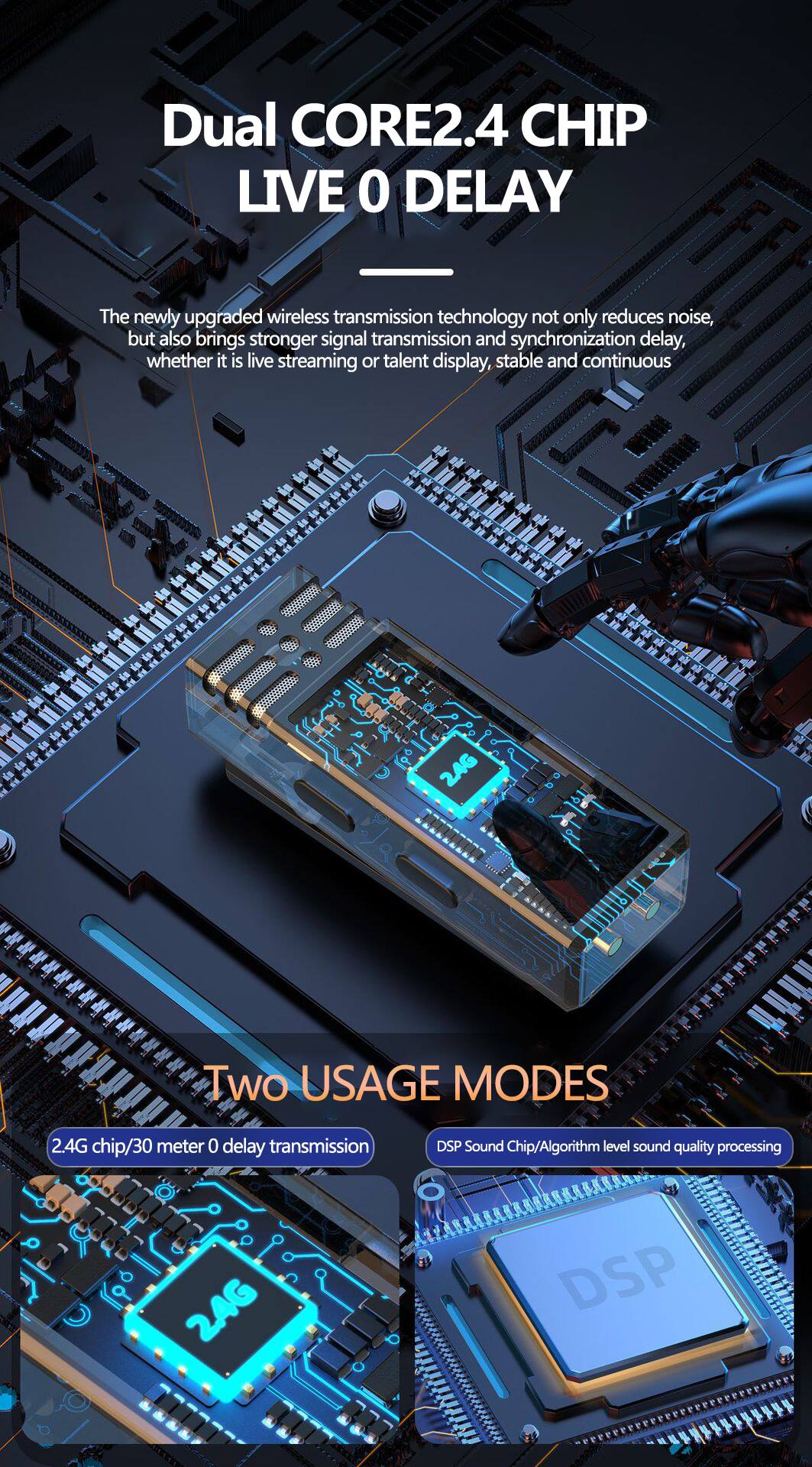 Dual CORE2.4 CHIP LIVE 0 DELAY

The newly upgraded wireless transmission technology not only reduces noise, but also brings stronger signal transmission and synchronization delay, whether it is live streaming or talent display, stable and continuous.

Two USAGE MODES

2.4G chip/30 meter 0 delay transmission

DSP Sound Chip/Algorithm level sound quality processing